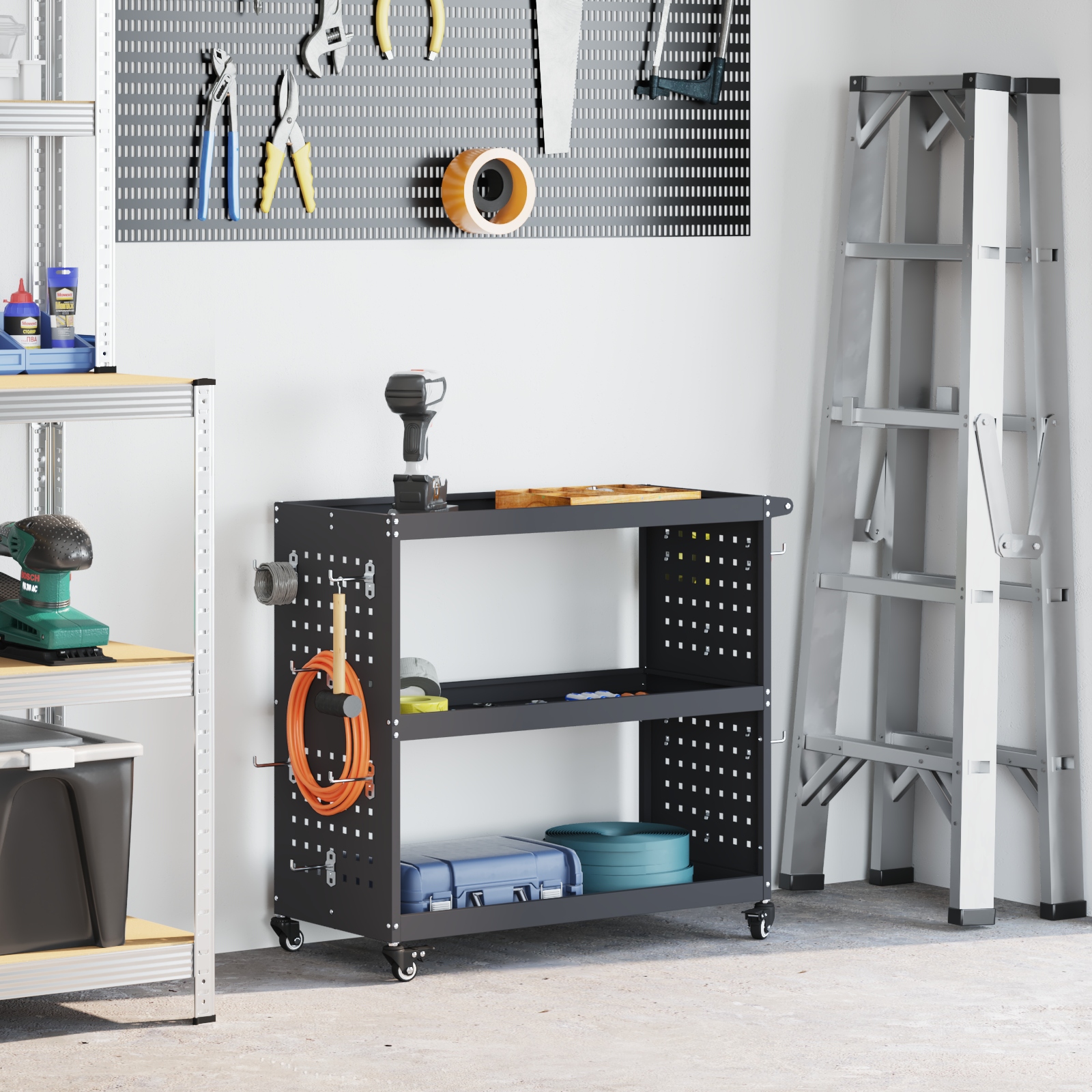 Werkzeugwagen mit Regal mit Rad mit Speicher Anthrazit 75 x 35 x 73 cm Metall