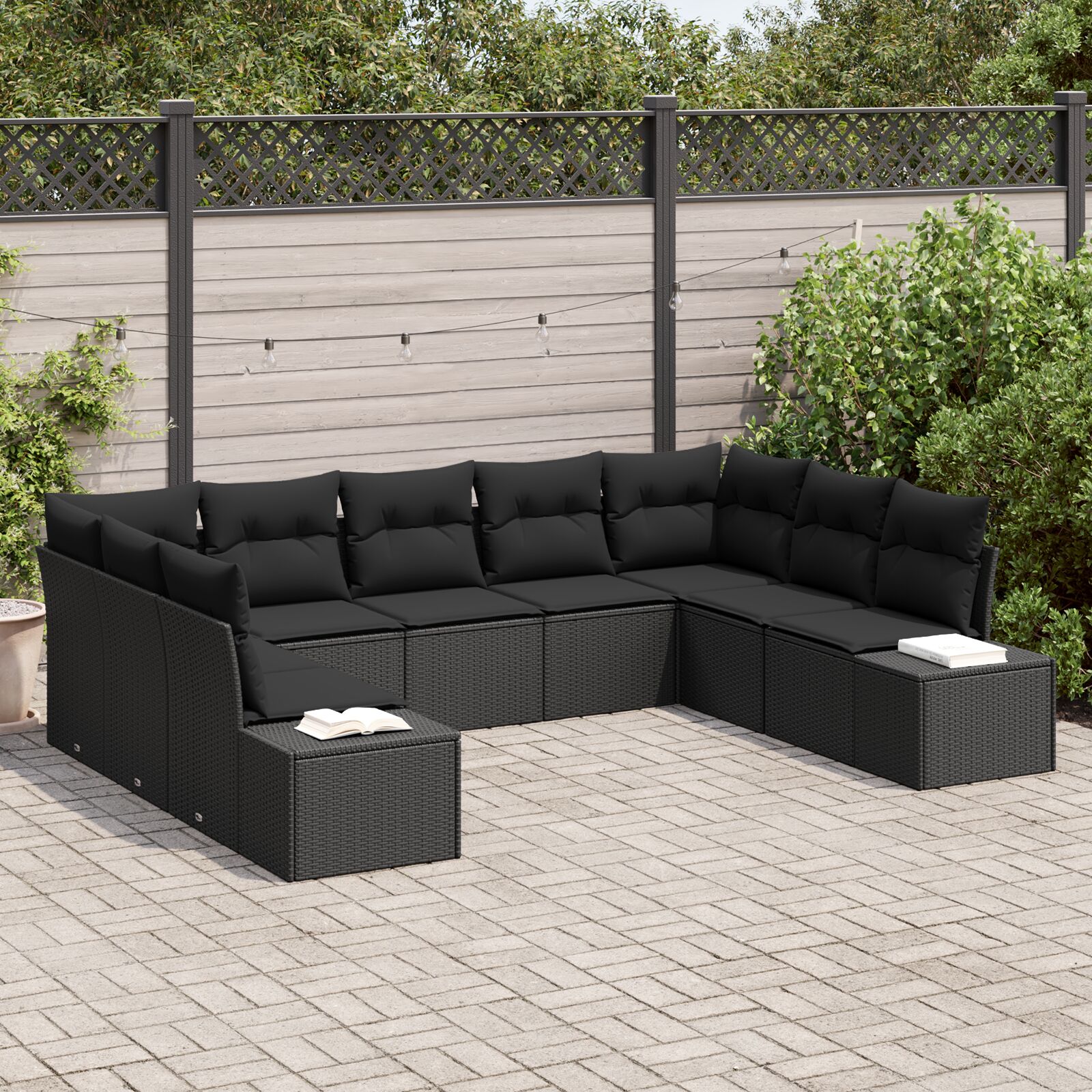 9-teiliges Garten Sofa Set mit Kissen in schwarzem Poly Rattan