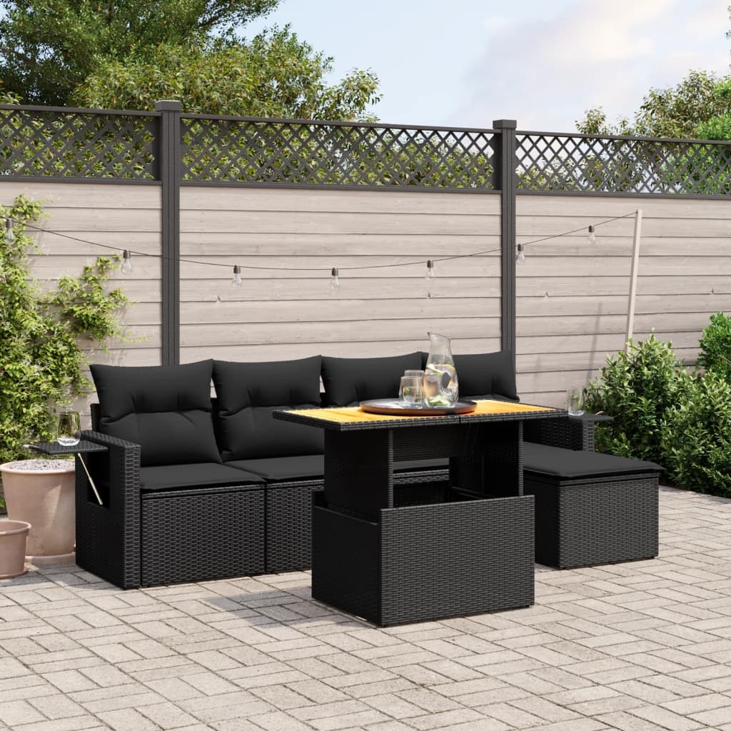6-tlg. Garten-Sofagarnitur mit Kissen Schwarz Poly Rattan 6-tlg. Garten-Sofagarnitur mit Kissen Schwarz Poly Rattan