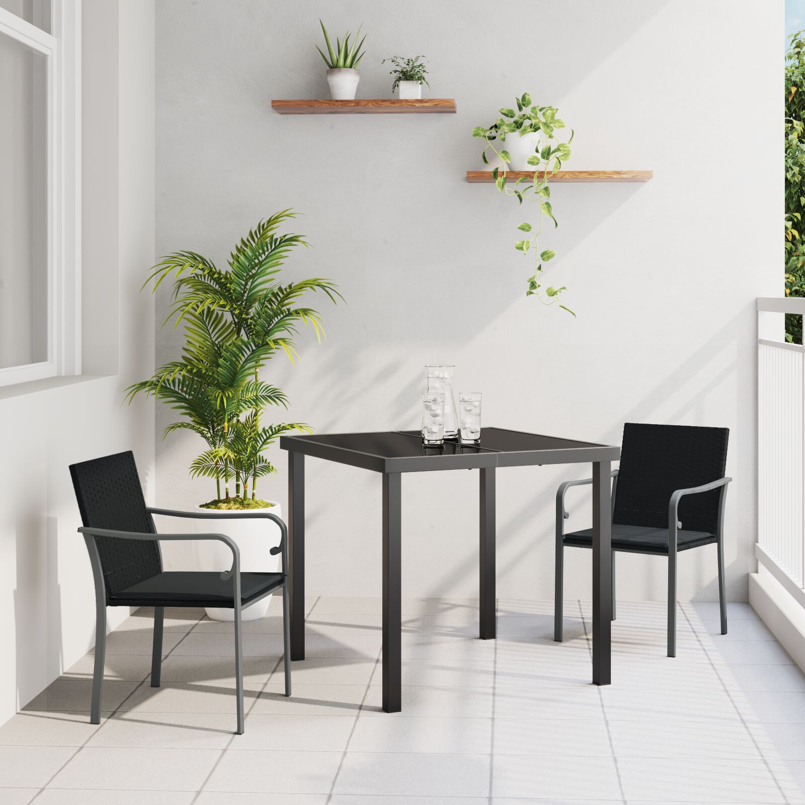 vidaXL 3-teiliges Garten-Esszimmer-Set mit Kissen Schwarz Poly Rattan vidaXL 3-teiliges Garten-Esszimmer-Set mit Kissen Schwarz Poly Rattan