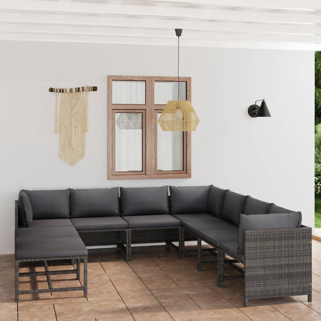 9-tlg. Garten-Lounge-Set mit Kissen Poly Rattan Grau 9-tlg. Garten-Lounge-Set mit Kissen Poly Rattan Grau