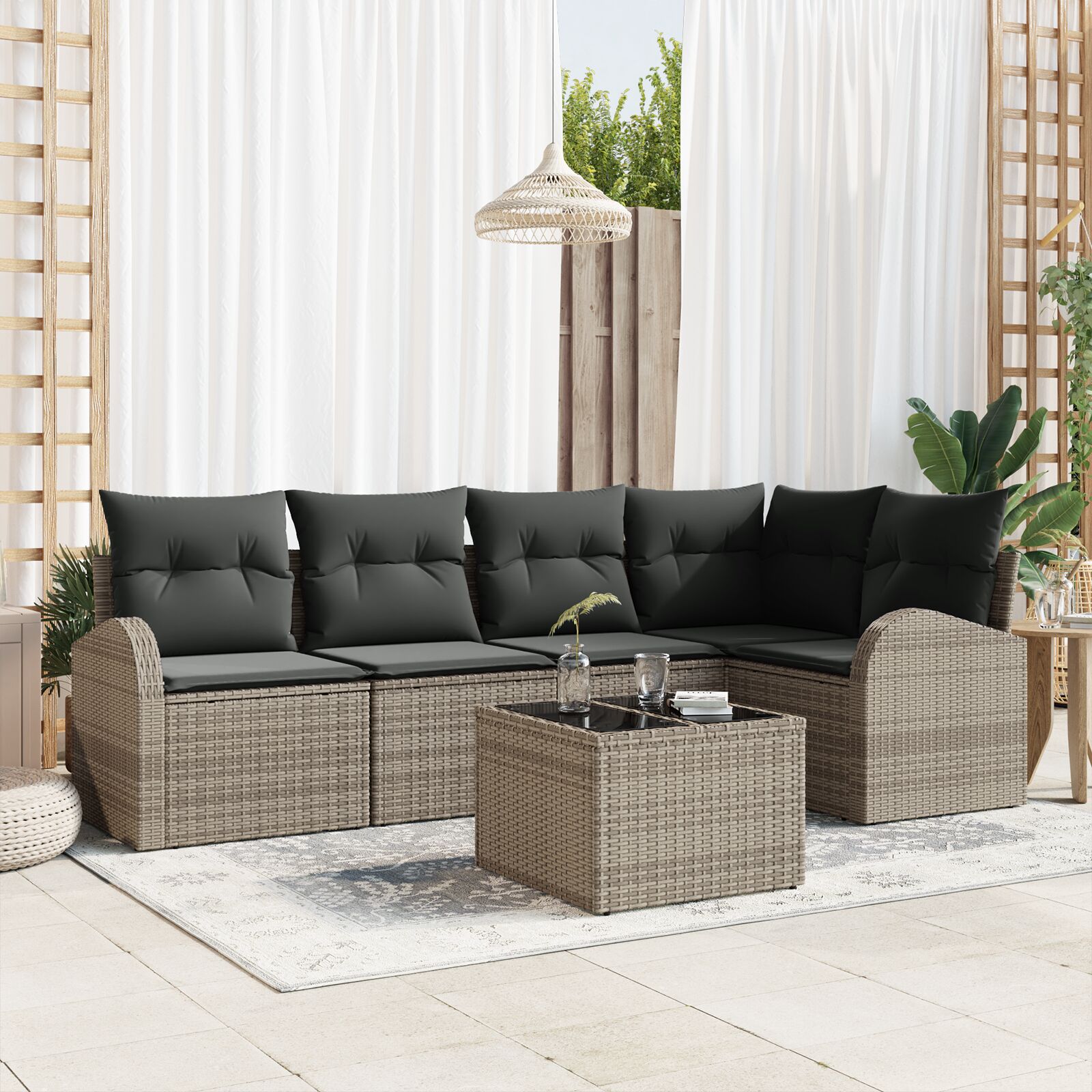 5-teiliges Garten Sofa Set mit Kissen Schwarz Poly Rattan 5-teiliges Garten Sofa Set mit Kissen Schwarz Poly Rattan