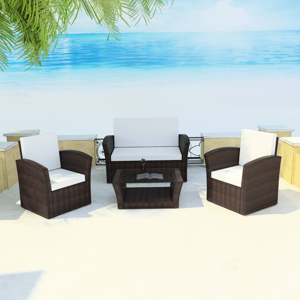 4-tlg. Garten-Lounge-Set mit Kissen Poly Rattan Braun 4-tlg. Garten-Lounge-Set mit Kissen Poly Rattan Braun