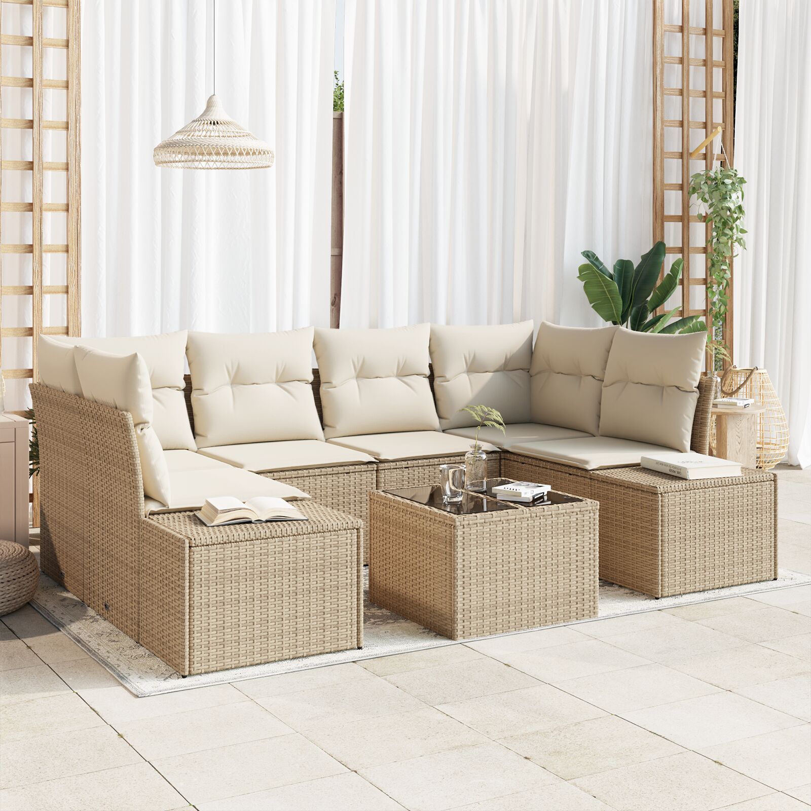 7-teiliges Garten Sofa Set mit Kissen Beige Poly Rattan 7-teiliges Garten Sofa Set mit Kissen Beige Poly Rattan