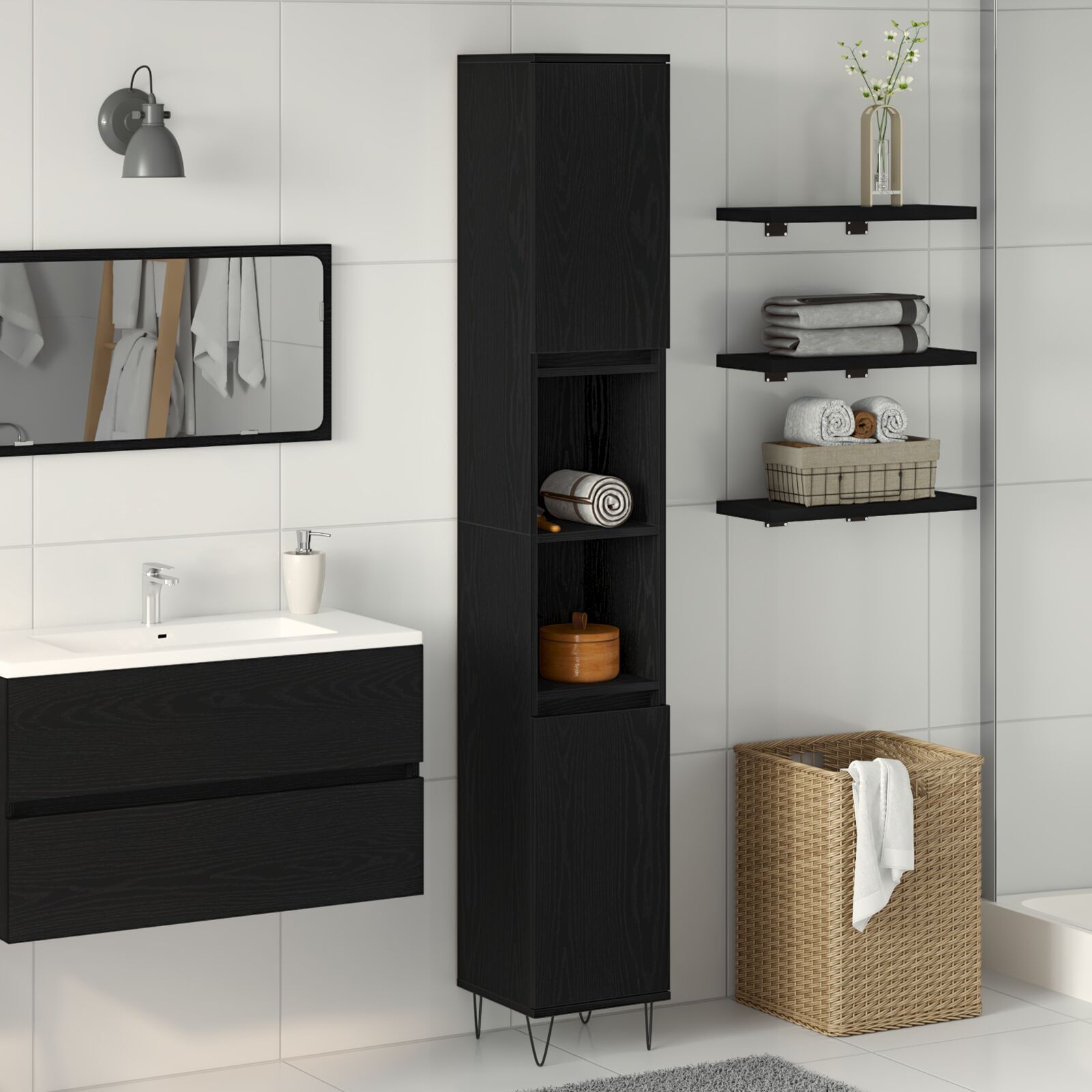 vidaXL Badezimmer Schrank Schwarz Eiche 30x30x190 cm MDF