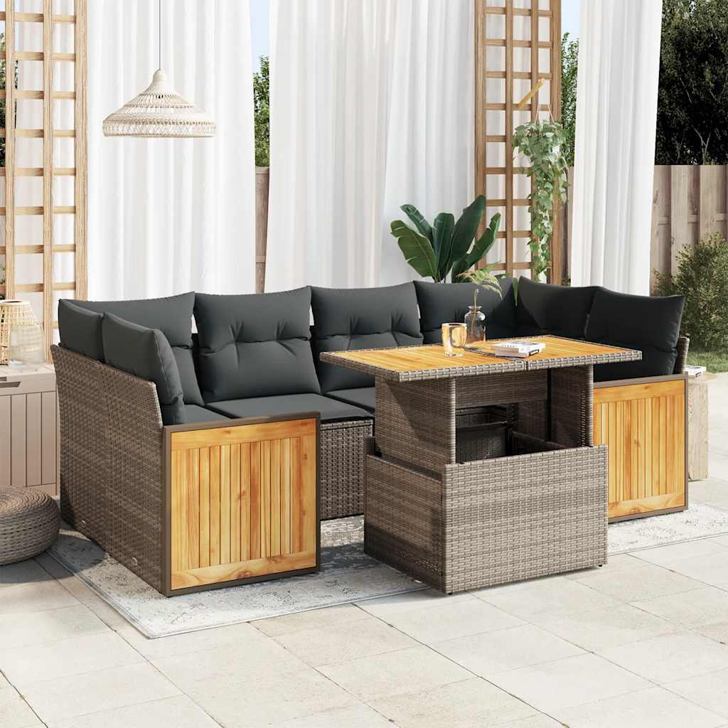 7-tlg. Garten-Sofagarnitur mit Kissen Grau Poly Rattan Akazie 7-tlg. Garten-Sofagarnitur mit Kissen Grau Poly Rattan Akazie