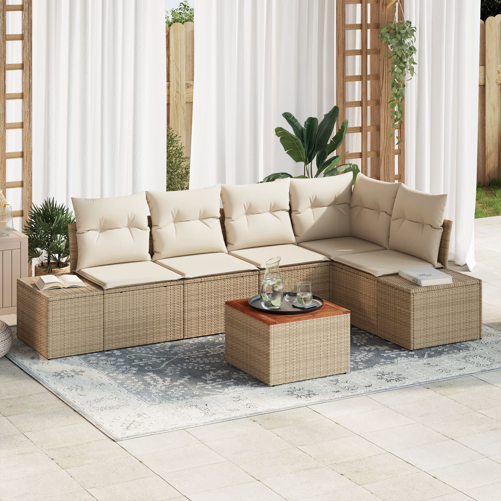 6-teiliges Garten-Sofa-Set mit Kissen Beige Poly-Rattan Akazie