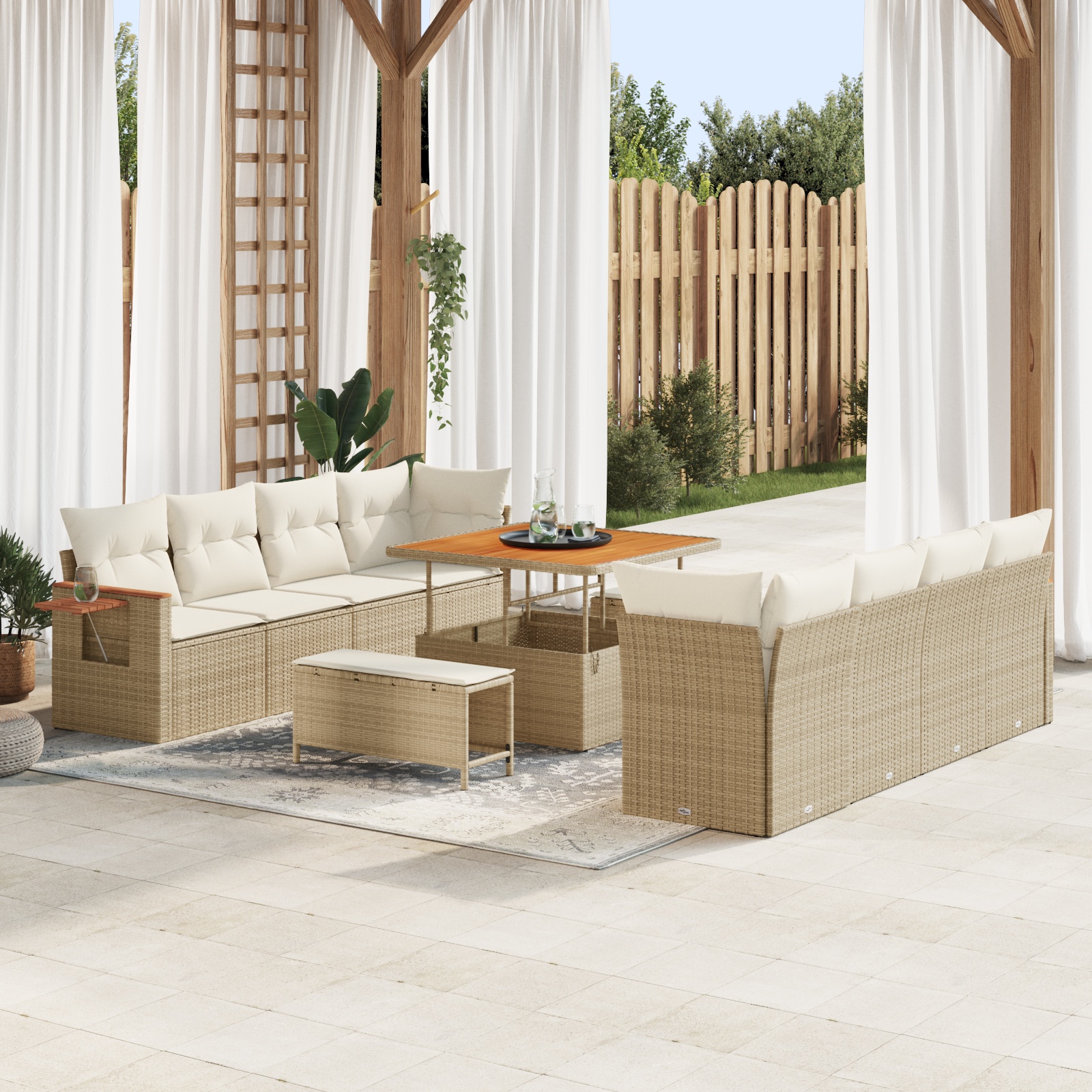 11-teiliges Garten Sofa Set mit Kissen Beige Poly-Rattan Akazie 11-teiliges Garten Sofa Set mit Kissen Beige Poly-Rattan Akazie