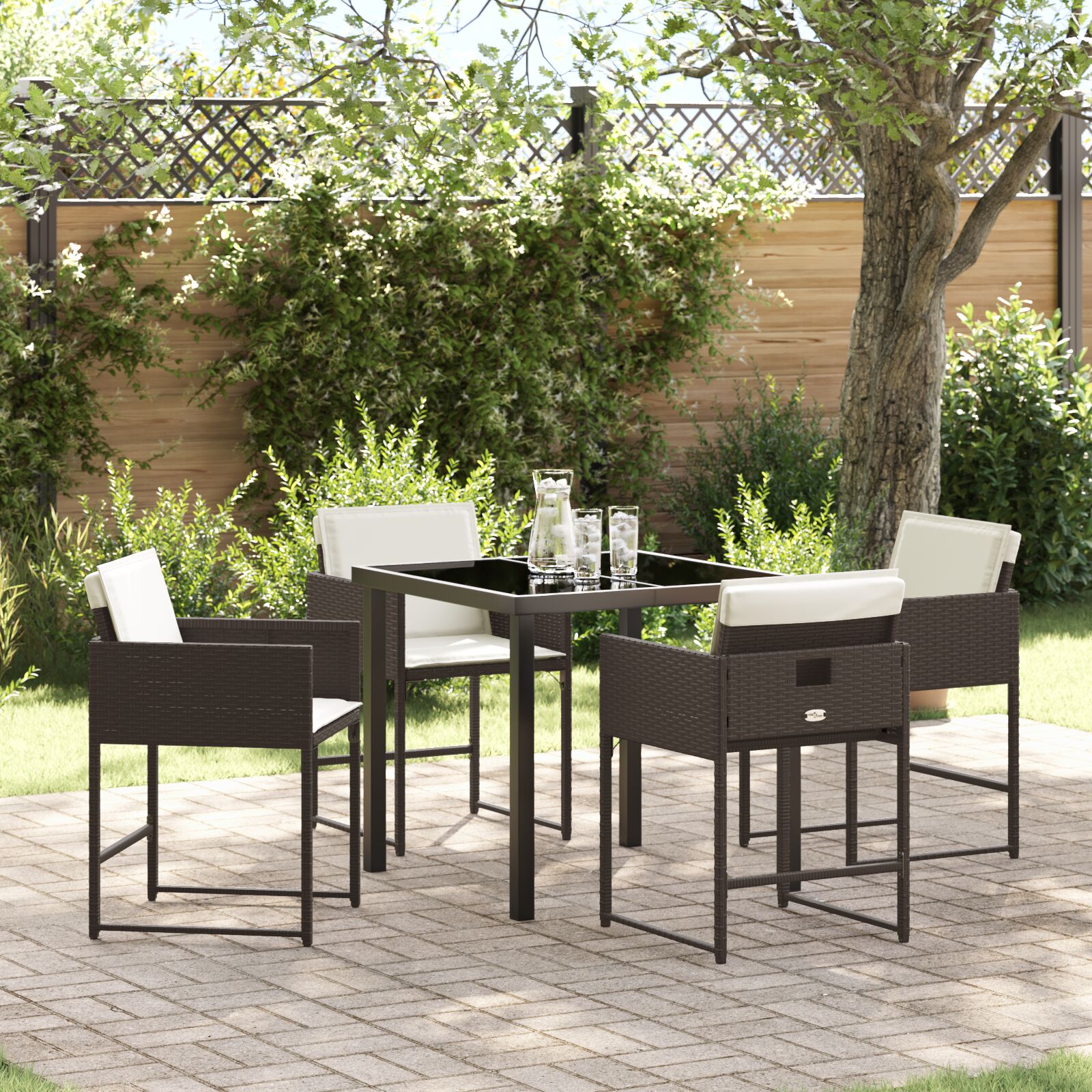 5-teiliges Garten-Esszimmer-Set mit Kissen aus braunem Poly-Rattan