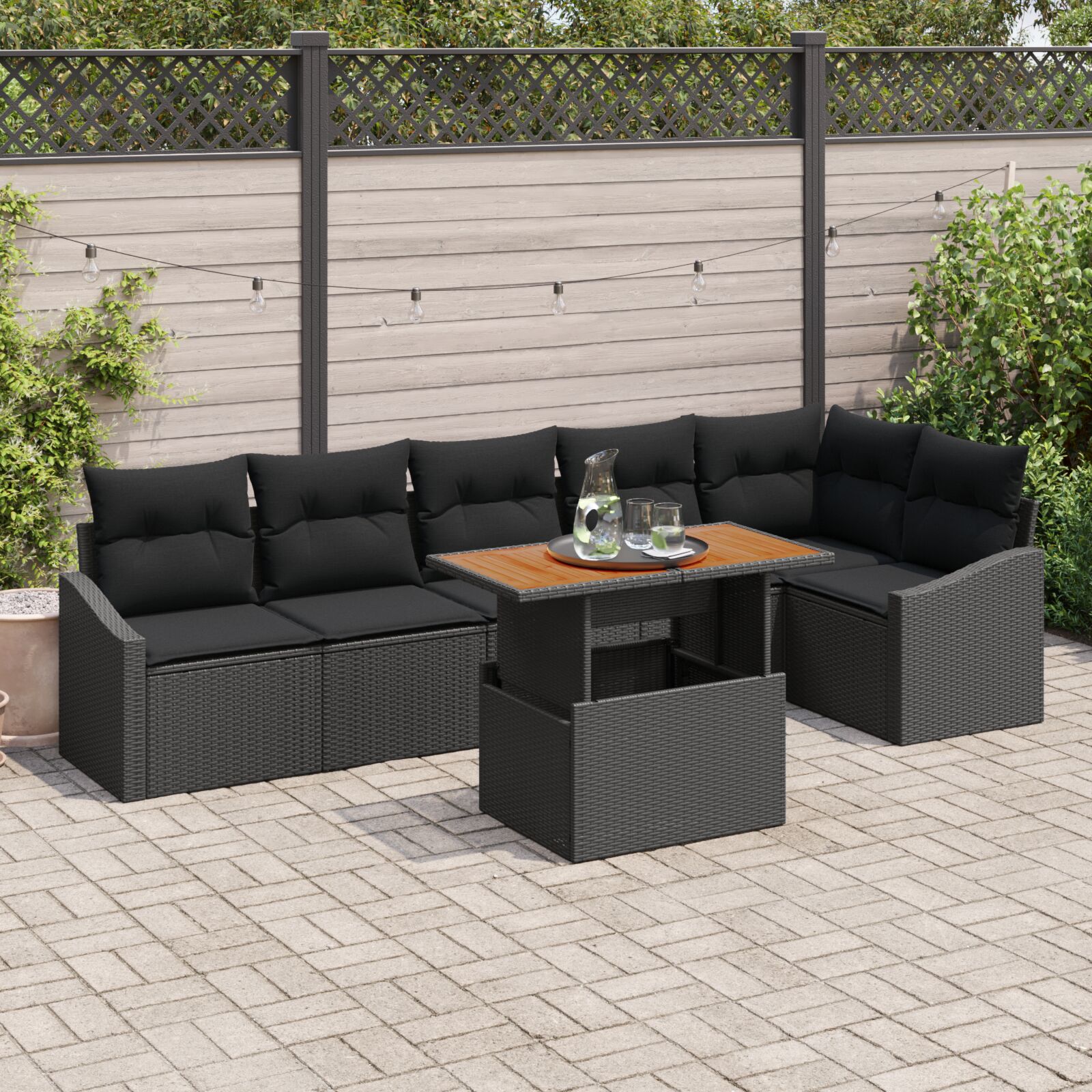 7-teiliges Garten-Sofa-Set mit Kissen Schwarz Poly-Rattan 7-teiliges Garten-Sofa-Set mit Kissen Schwarz Poly-Rattan