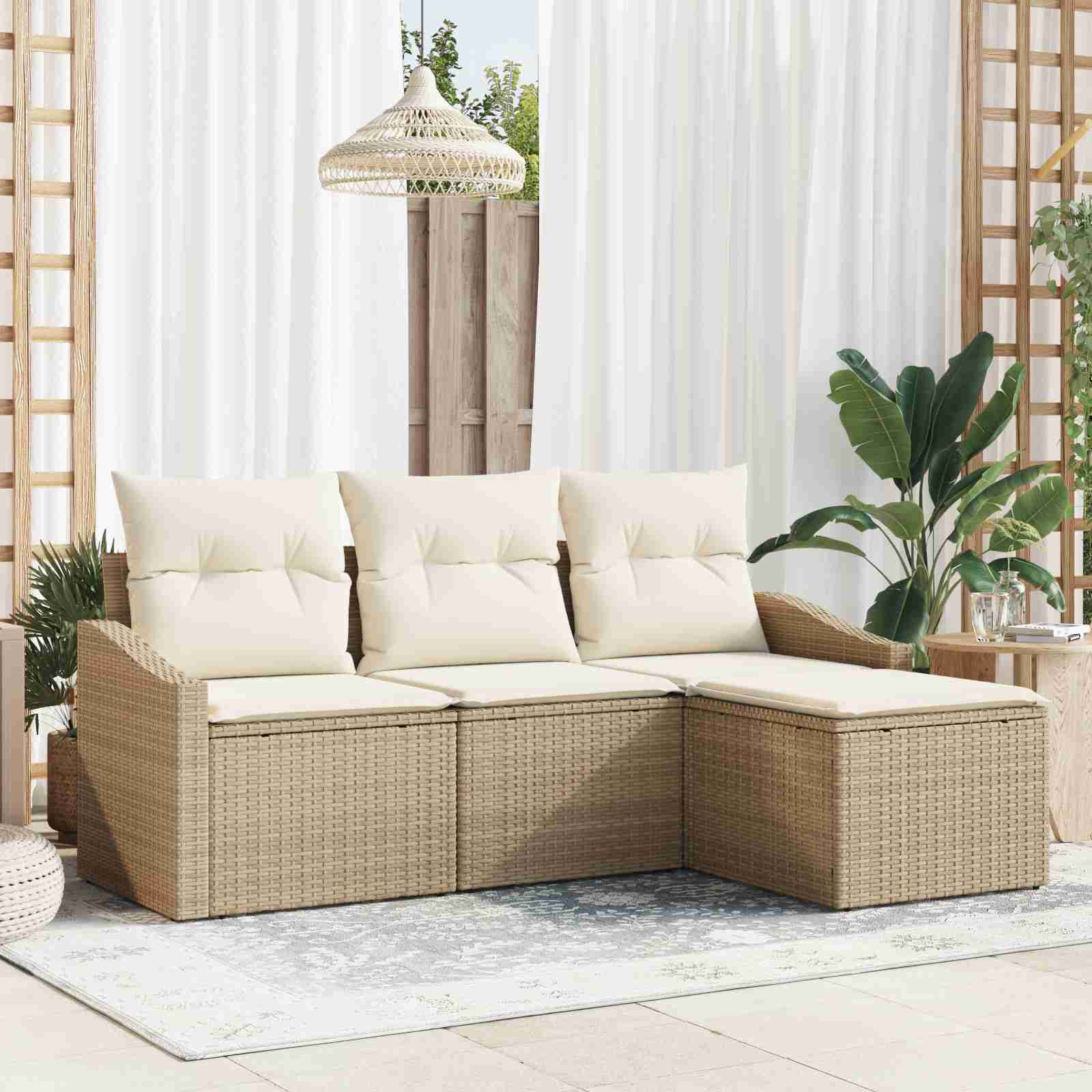 4-teiliges Garten Sofa Set mit Kissen Beige Poly Rattan