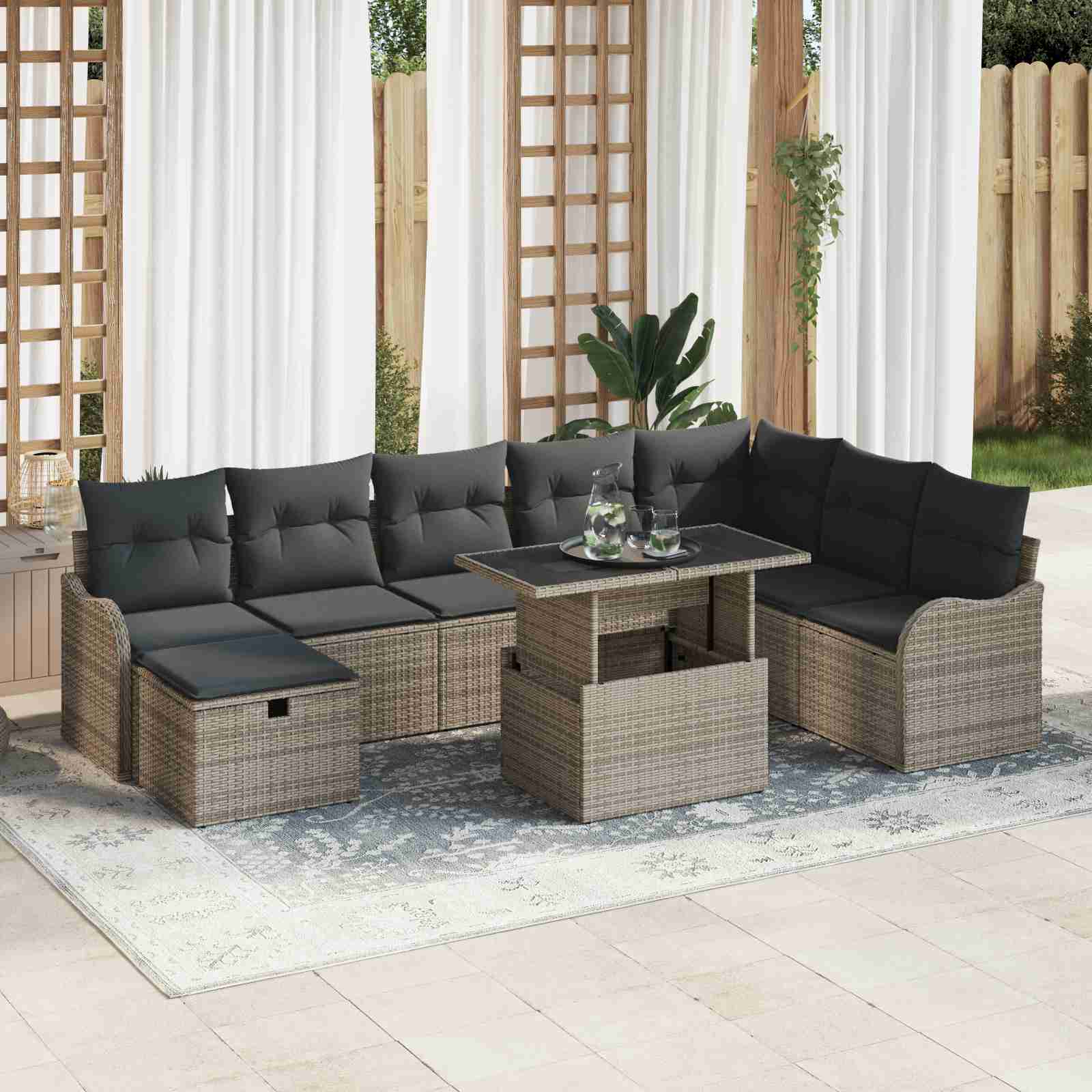 9-teiliges Garten Sofa Set mit Kissen in grauem Poly Rattan 9-teiliges Garten Sofa Set mit Kissen in grauem Poly Rattan