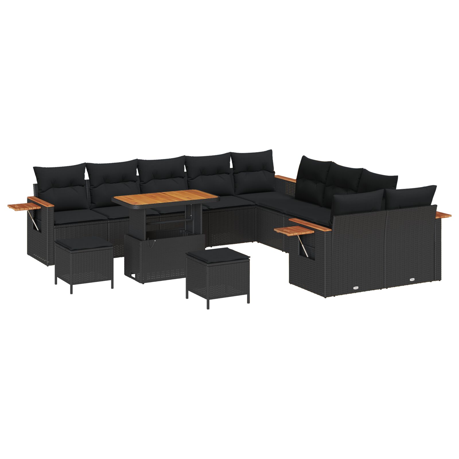 13-teiliges Garten-Sofa-Set mit Kissen Schwarz Poly-Rattan Akazie, 3-teiliges Garten-Ess-Set mit Kissen Schwarz Poly-Rattan Akazie