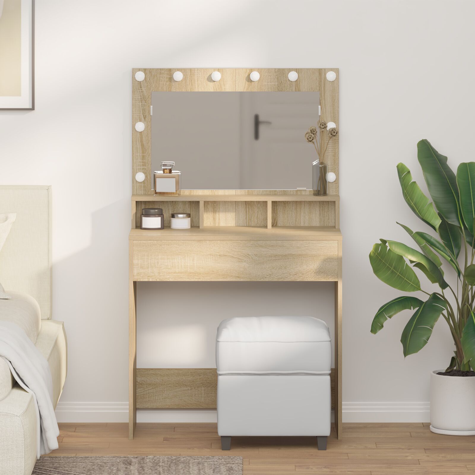 vidaXL Schminktisch mit LED-Lichtern Sonoma Eiche 79x41x135 cm