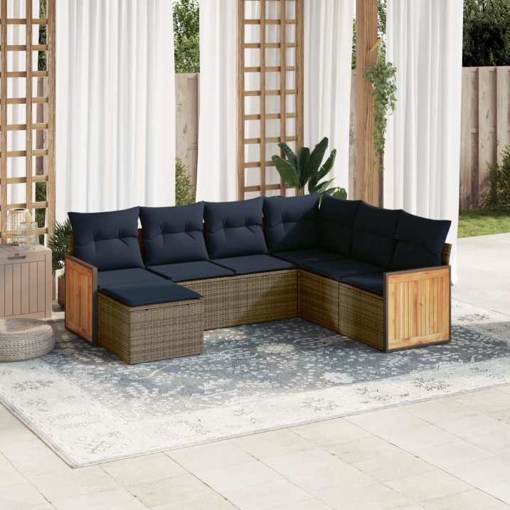 7-teiliges Gartensofa-Set mit Kissen, grau, Polyrattan 7-teiliges Gartensofa-Set mit Kissen, grau, Polyrattan
