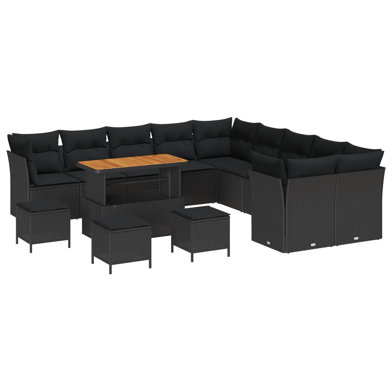 14-teiliges Garten Sofa Set mit Kissen Schwarz Poly Rattan Akazie, 4-teiliges Garten Essset mit Kissen Schwarz Poly Rattan Akazie