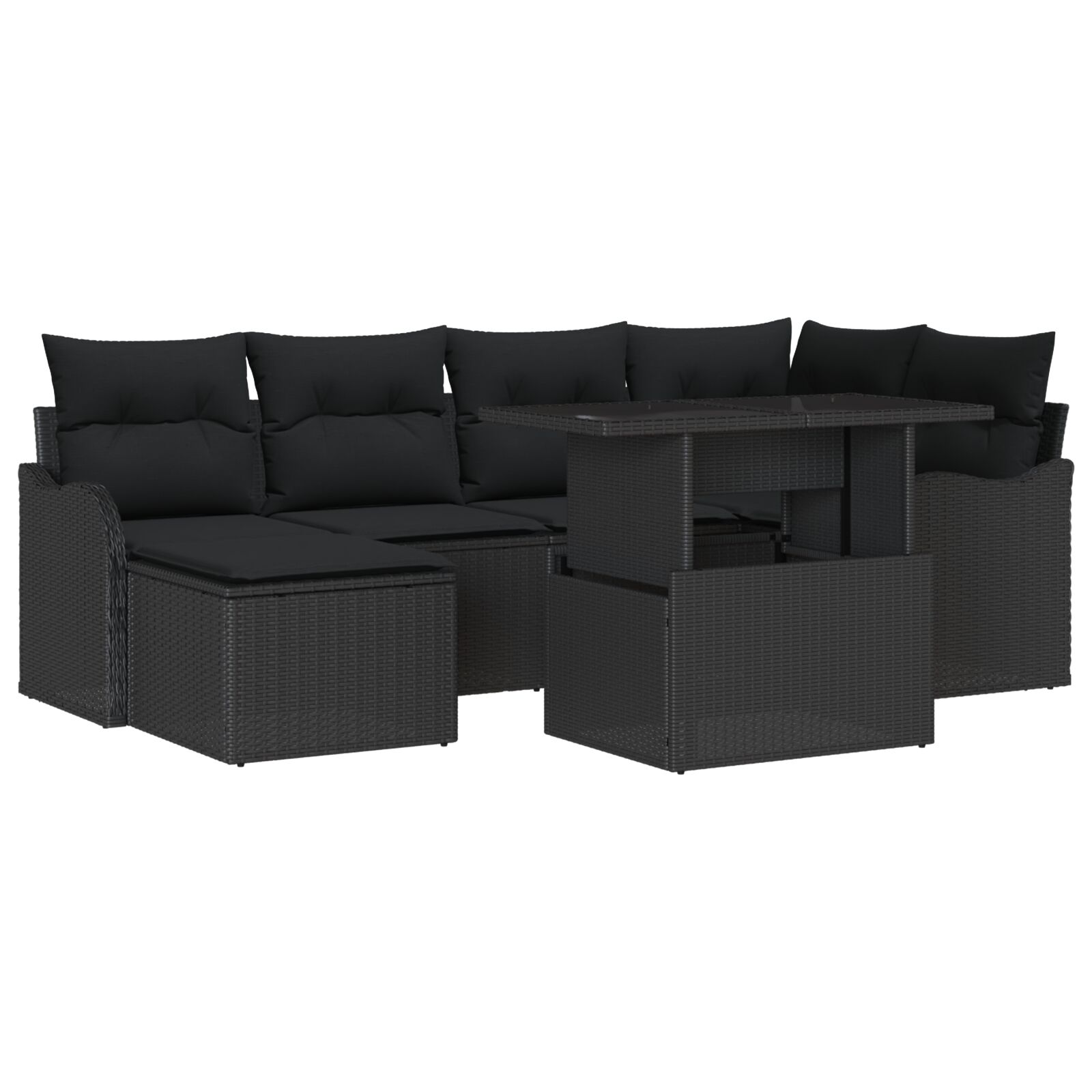 7-teiliger Garten-Sofa-Set mit Kissen Schwarz Poly-Rattan, 2-Sitzer Garten-Sofa mit Kissen Schwarz Poly-Rattan 7-teiliger Garten-Sofa-Set mit Kissen Schwarz Poly-Rattan, 2-Sitzer Garten-Sofa mit Kissen Schwarz Poly-Rattan