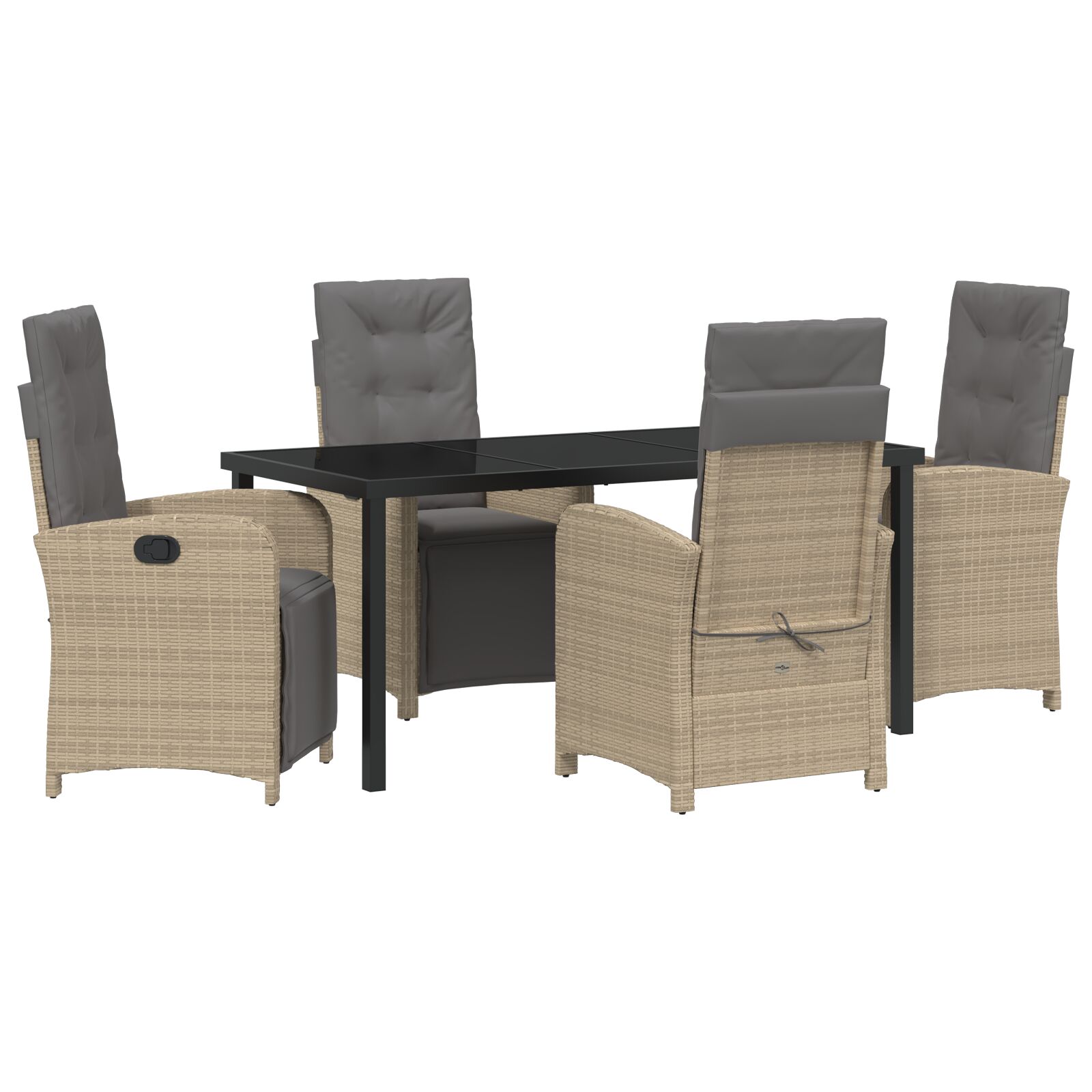 5 Teiliges Garten Esstisch Set mit Kissen Beige Poly Rattan, Gartentisch Schwarz 160x80x73 cm Temperglas