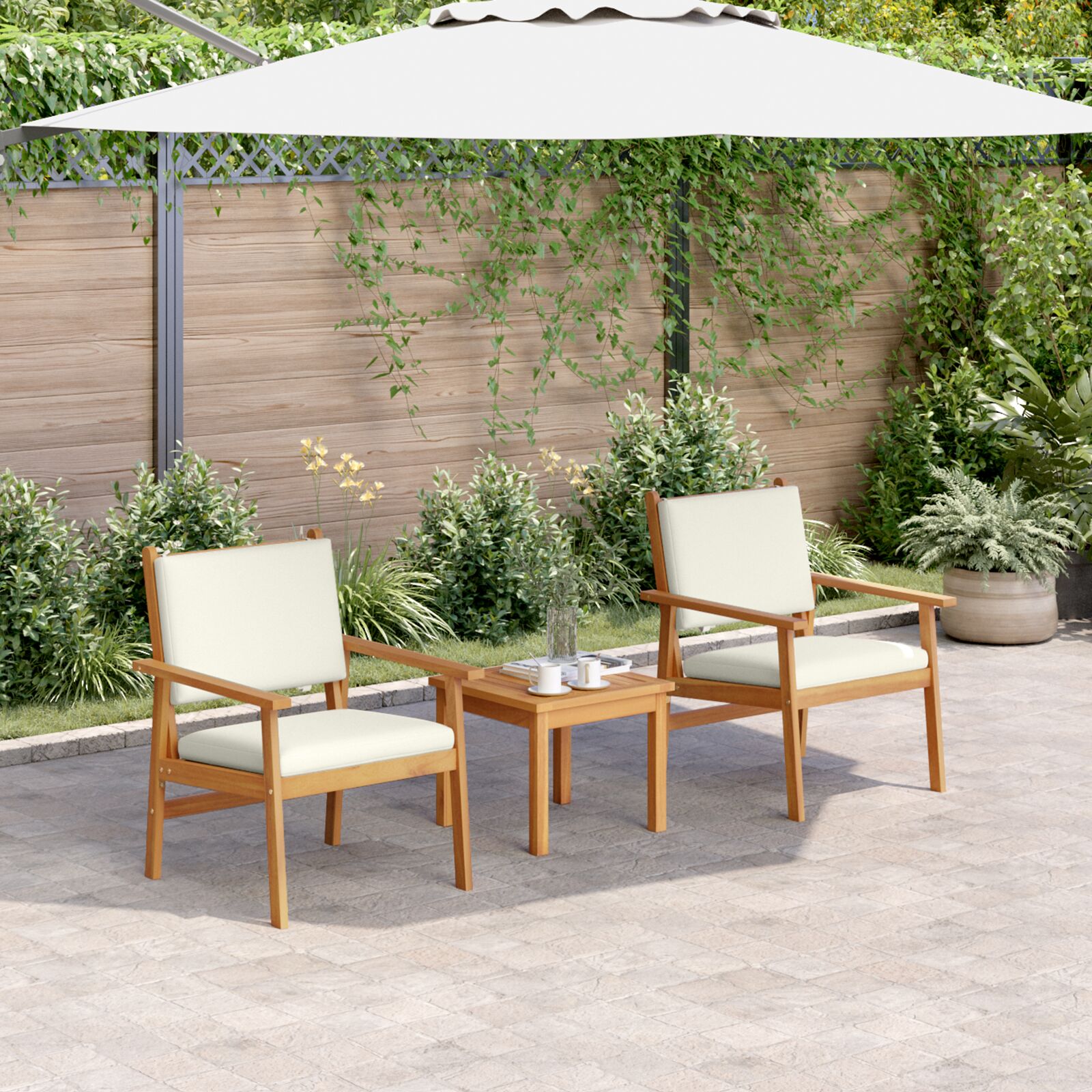vidaXL 3-teiliges Garten-Bistro-Set mit Kissen aus massivem Akazienholz