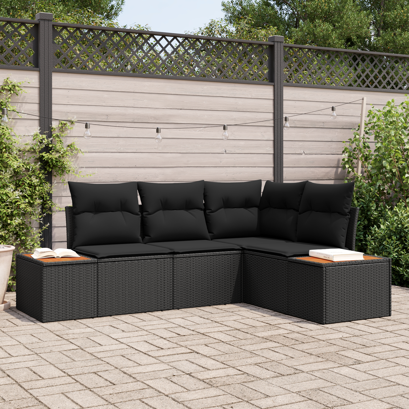 4-teiliges Garten Sofa Set mit Kissen Schwarz Poly Rattan Akazie 4-teiliges Garten Sofa Set mit Kissen Schwarz Poly Rattan Akazie