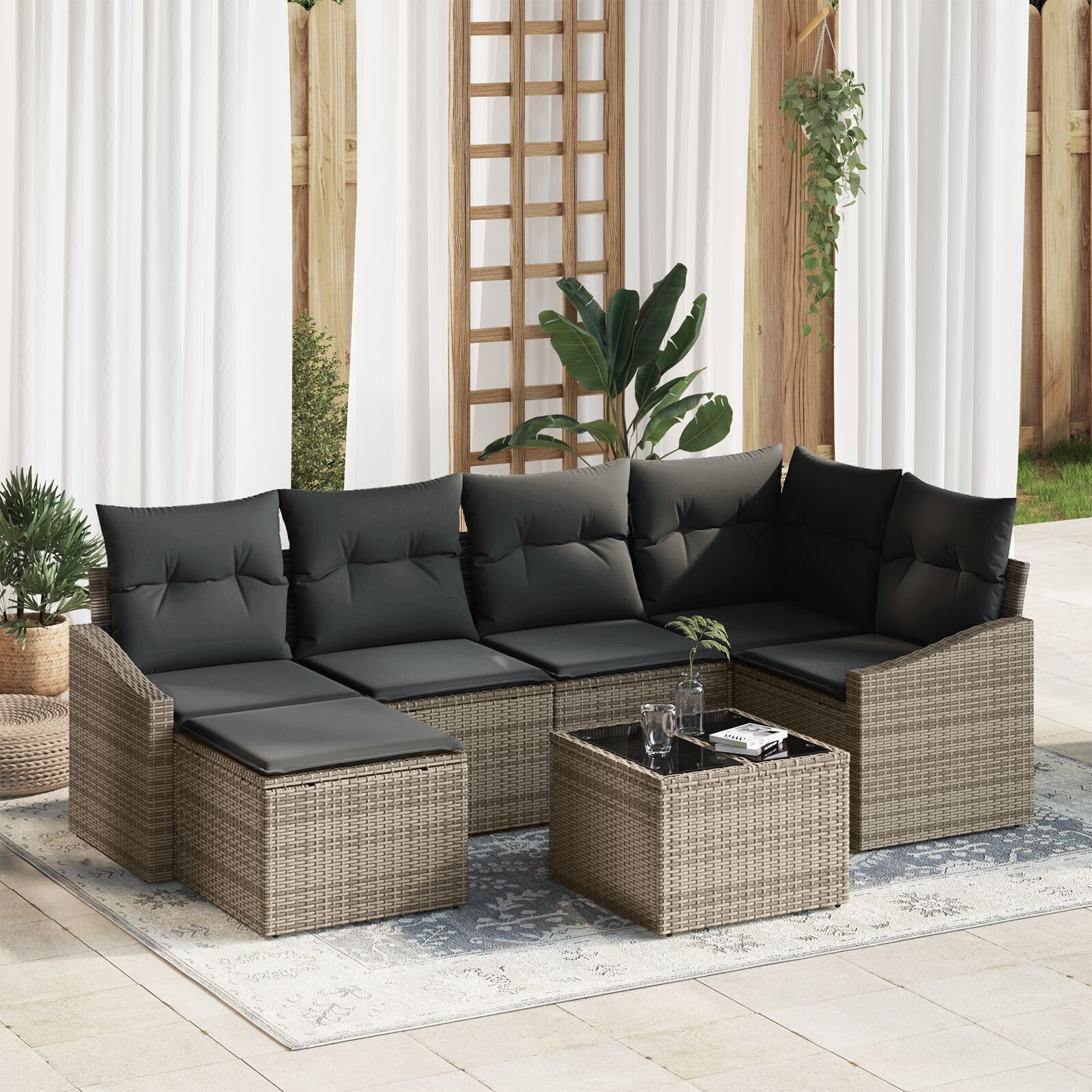 Garten Essset Set von 7 Grau Rattan Outdoor Sofa Rechteckig