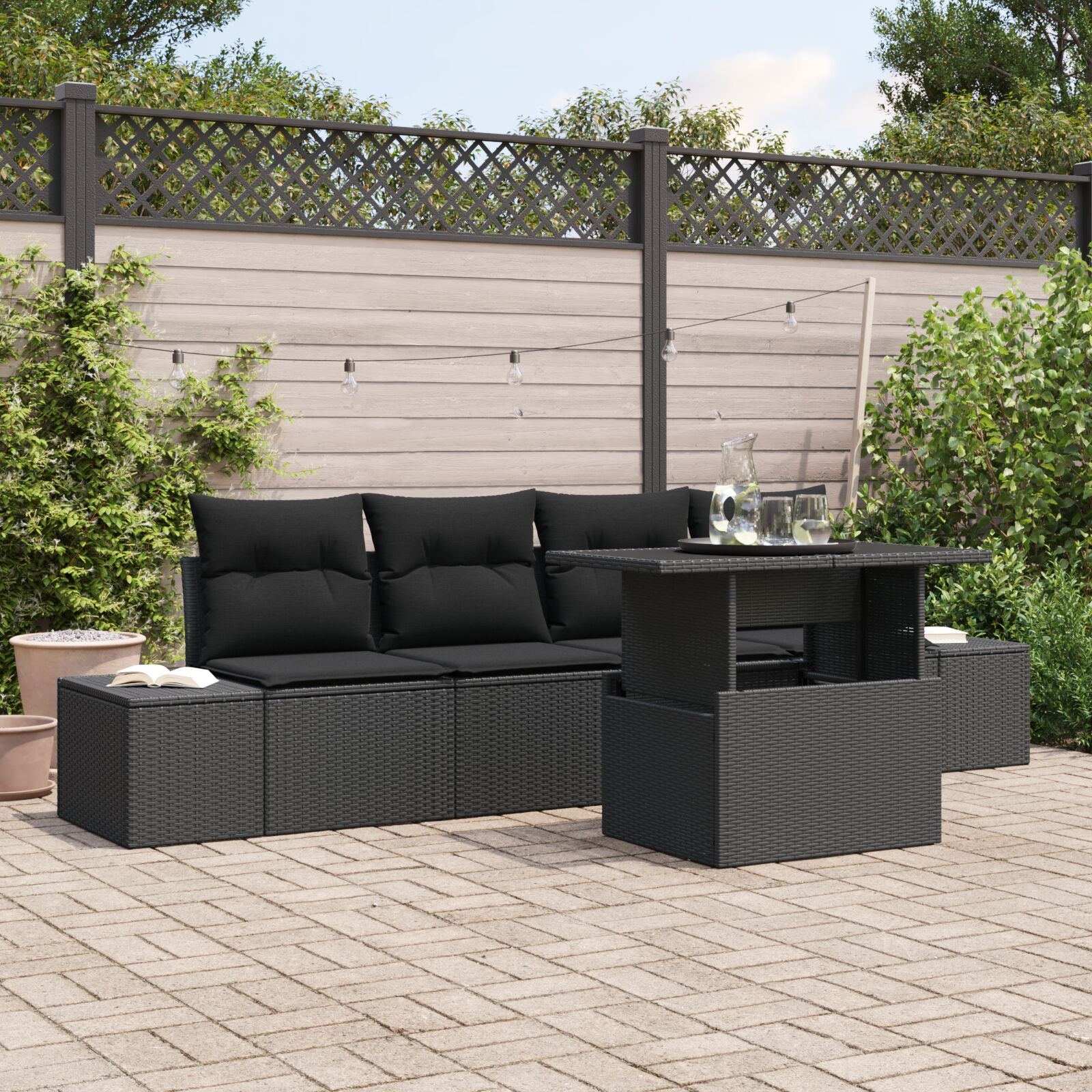 5-teiliges Garten-Sofa-Set mit Kissen Schwarz Poly Rattan 5-teiliges Garten-Sofa-Set mit Kissen Schwarz Poly Rattan