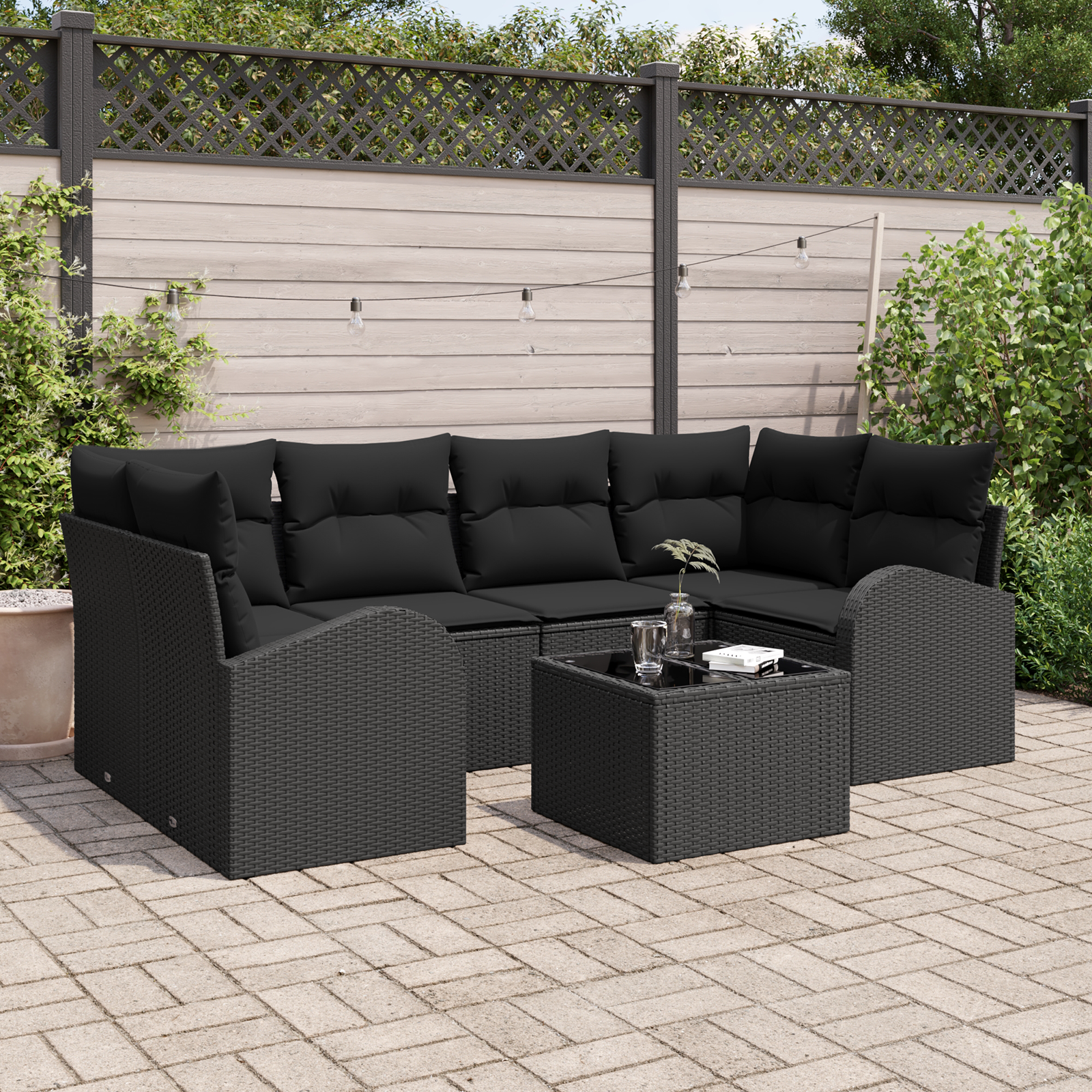 7-teiliges Garten-Sofa-Set mit Kissen Schwarz Poly-Rattan 7-teiliges Garten-Sofa-Set mit Kissen Schwarz Poly-Rattan