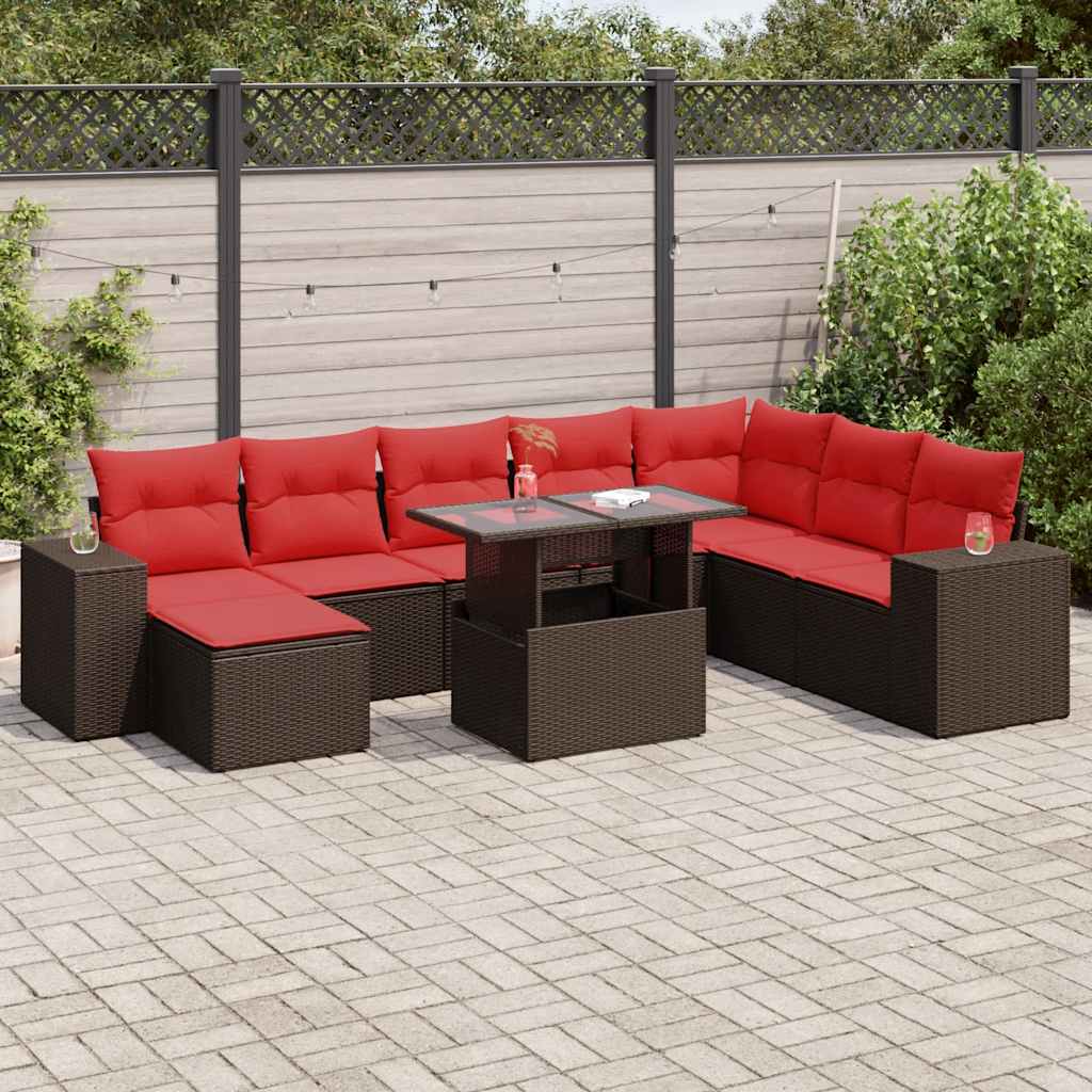 9-tlg. Garten-Sofagarnitur mit Kissen Braun Poly Rattan Akazie 9-tlg. Garten-Sofagarnitur mit Kissen Braun Poly Rattan Akazie
