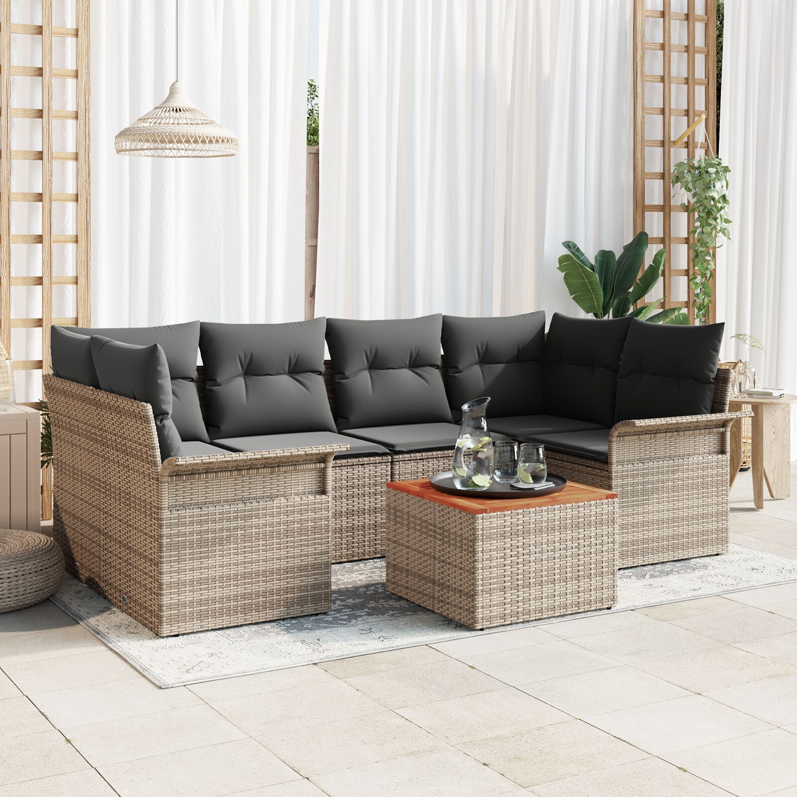 7-teiliges Garten Sofa Set mit Kissen Grau Poly Rattan Akazie