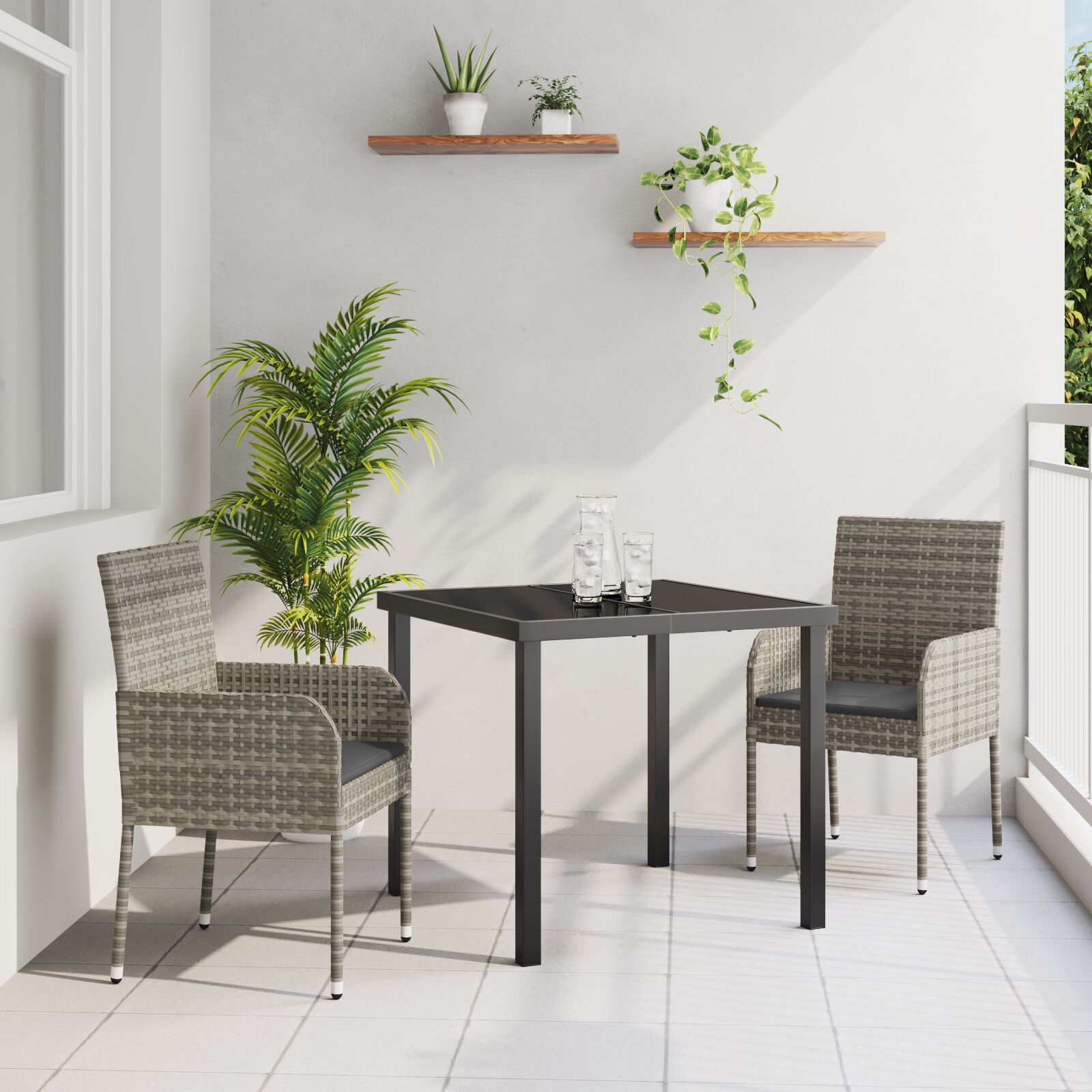3-teiliges Garten-Dining-Set mit Kissen Grau Poly Rattan