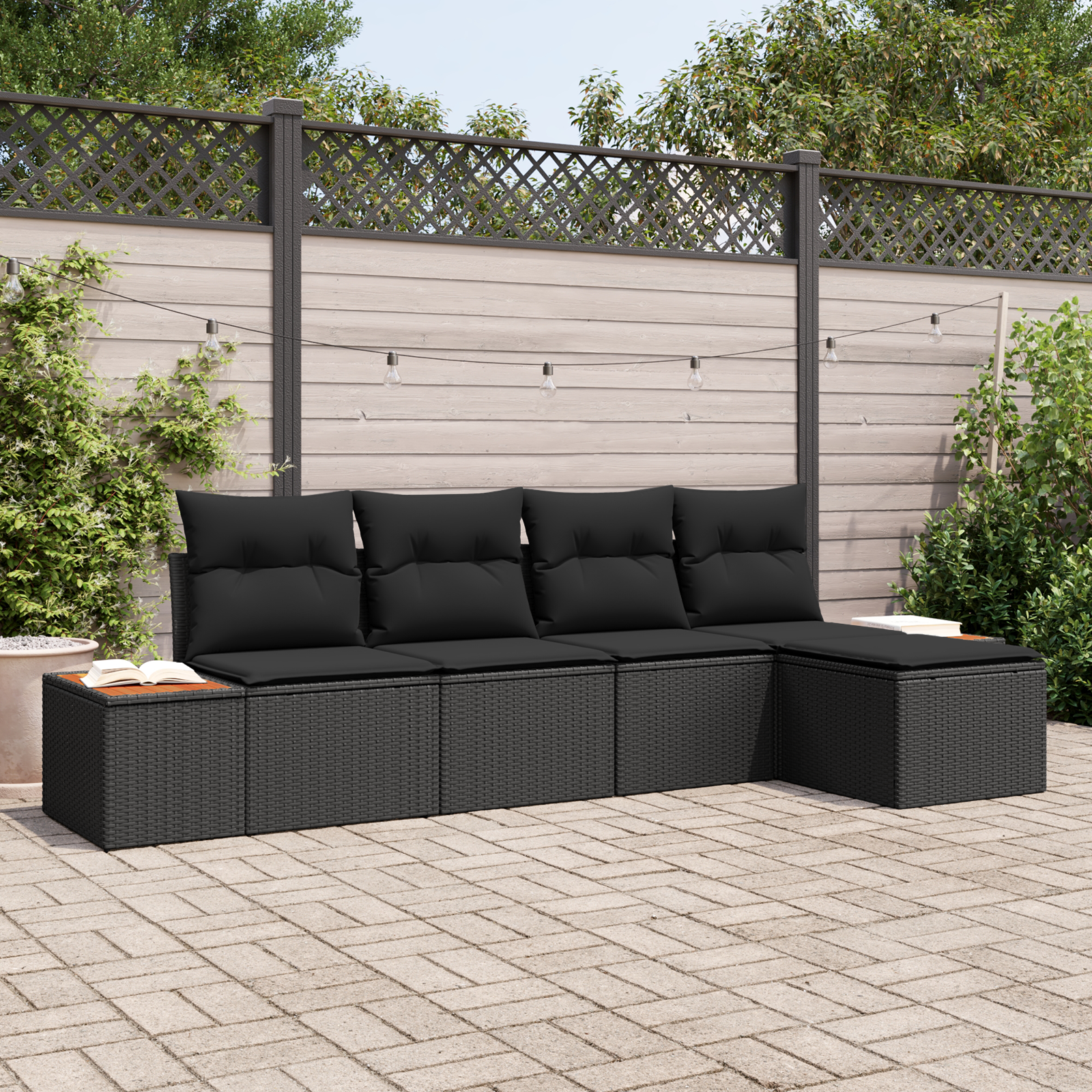 5-teiliges Garten Sofa Set mit Kissen Schwarz Poly Rattan Akazie 5-teiliges Garten Sofa Set mit Kissen Schwarz Poly Rattan Akazie