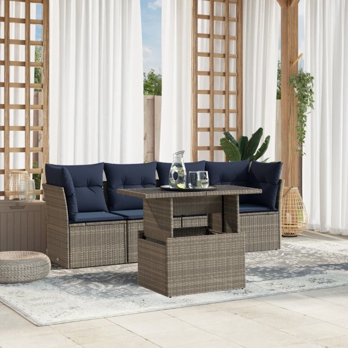 5-teiliges Gartensofa-Set mit Kissen, grau, Polyrattan