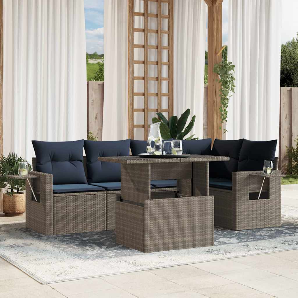 6-teiliges Gartensofa-Set mit Kissen, grau, Polyrattan 6-teiliges Gartensofa-Set mit Kissen, grau, Polyrattan