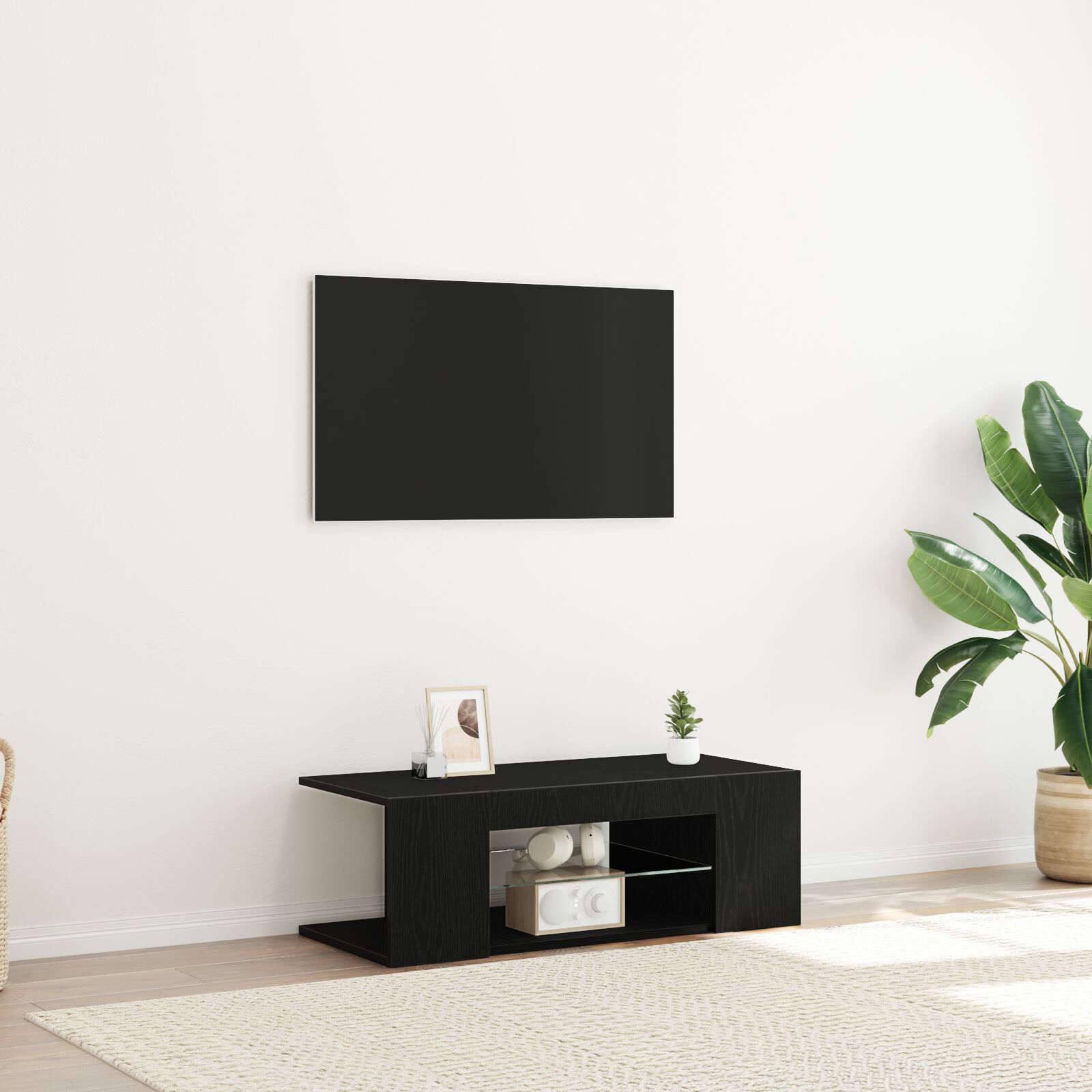 vidaXL TV-Schrank mit LED-Lichtern, schwarz und Eiche, 90x39x30 cm, Holzwerkstoff