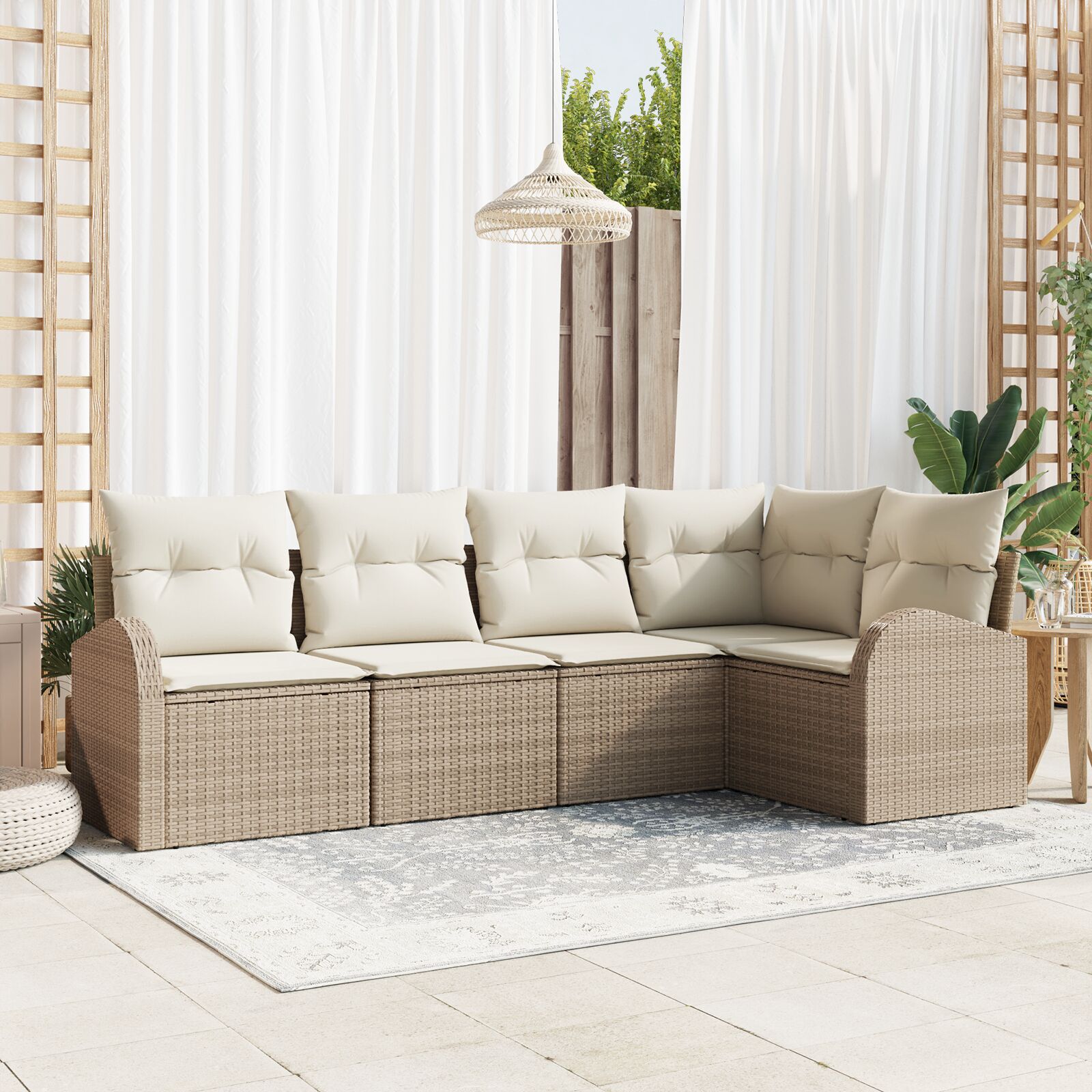 5-teiliges Garten Sofa Set mit Kissen - Beiges Poly Rattan 5-teiliges Garten Sofa Set mit Kissen - Beiges Poly Rattan