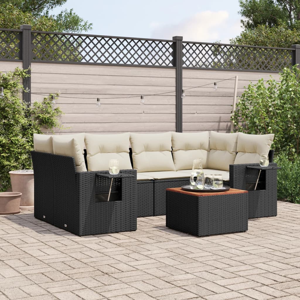 7-tlg. Garten-Sofagarnitur mit Kissen Schwarz Poly Rattan 7-tlg. Garten-Sofagarnitur mit Kissen Schwarz Poly Rattan