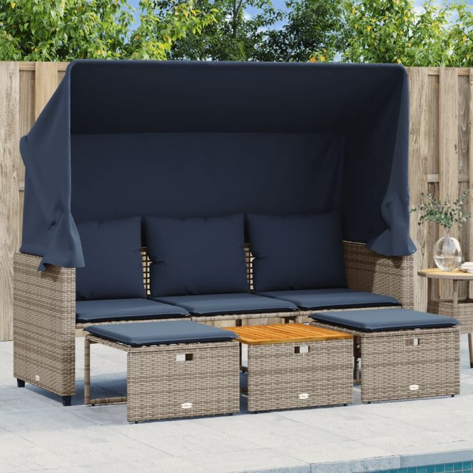 Gartensofa 3-Sitzer mit Baldachin und Hockern Grau Poly Rattan Gartensofa 3-Sitzer mit Baldachin und Hockern Grau Poly Rattan