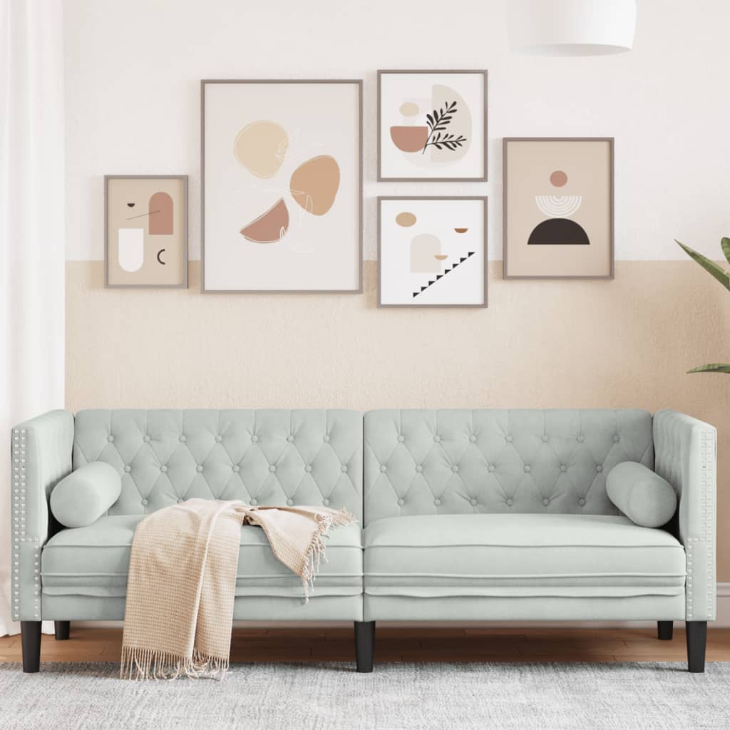 Chesterfield-Sofa mit Nackenrollen 3-Sitzer Hellgrau Samt Chesterfield-Sofa mit Nackenrollen 3-Sitzer Hellgrau Samt