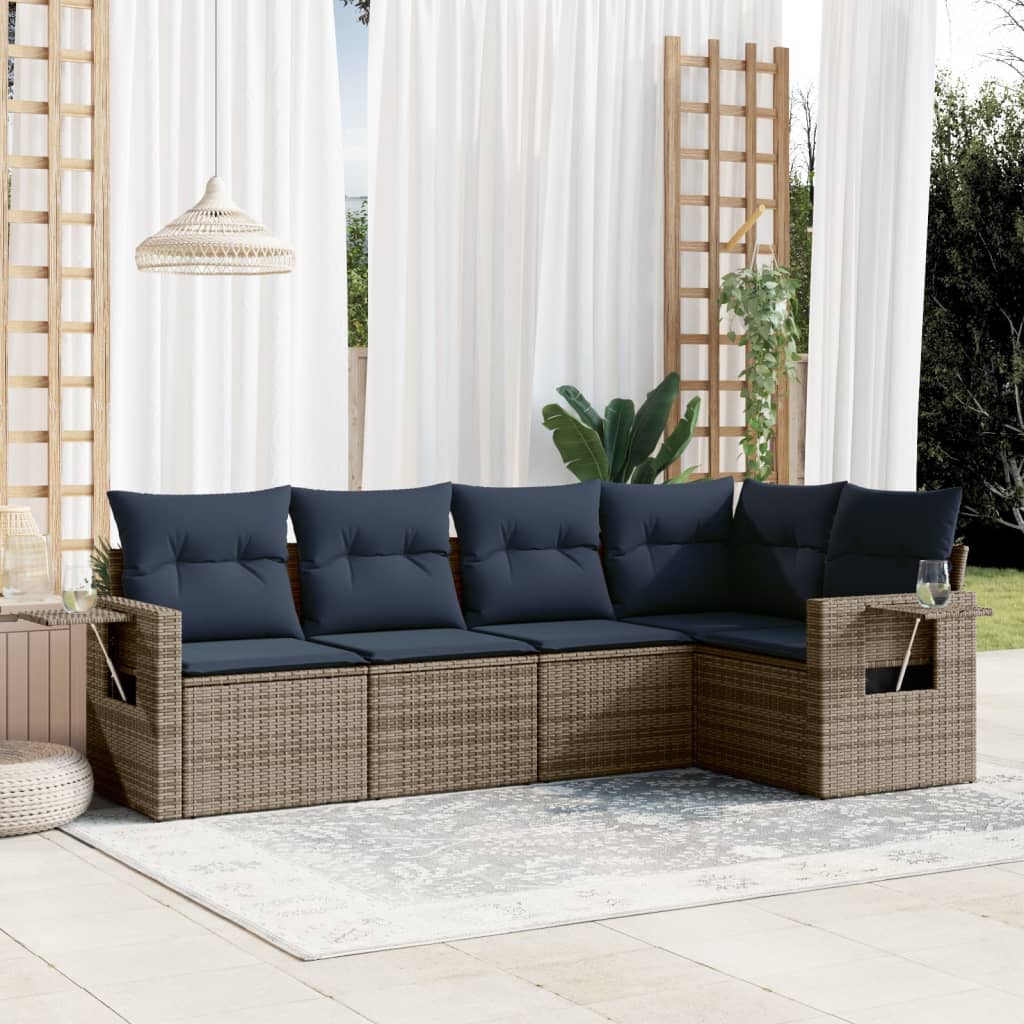 5-teiliges Gartensofa-Set mit Kissen, grau, Polyrattan