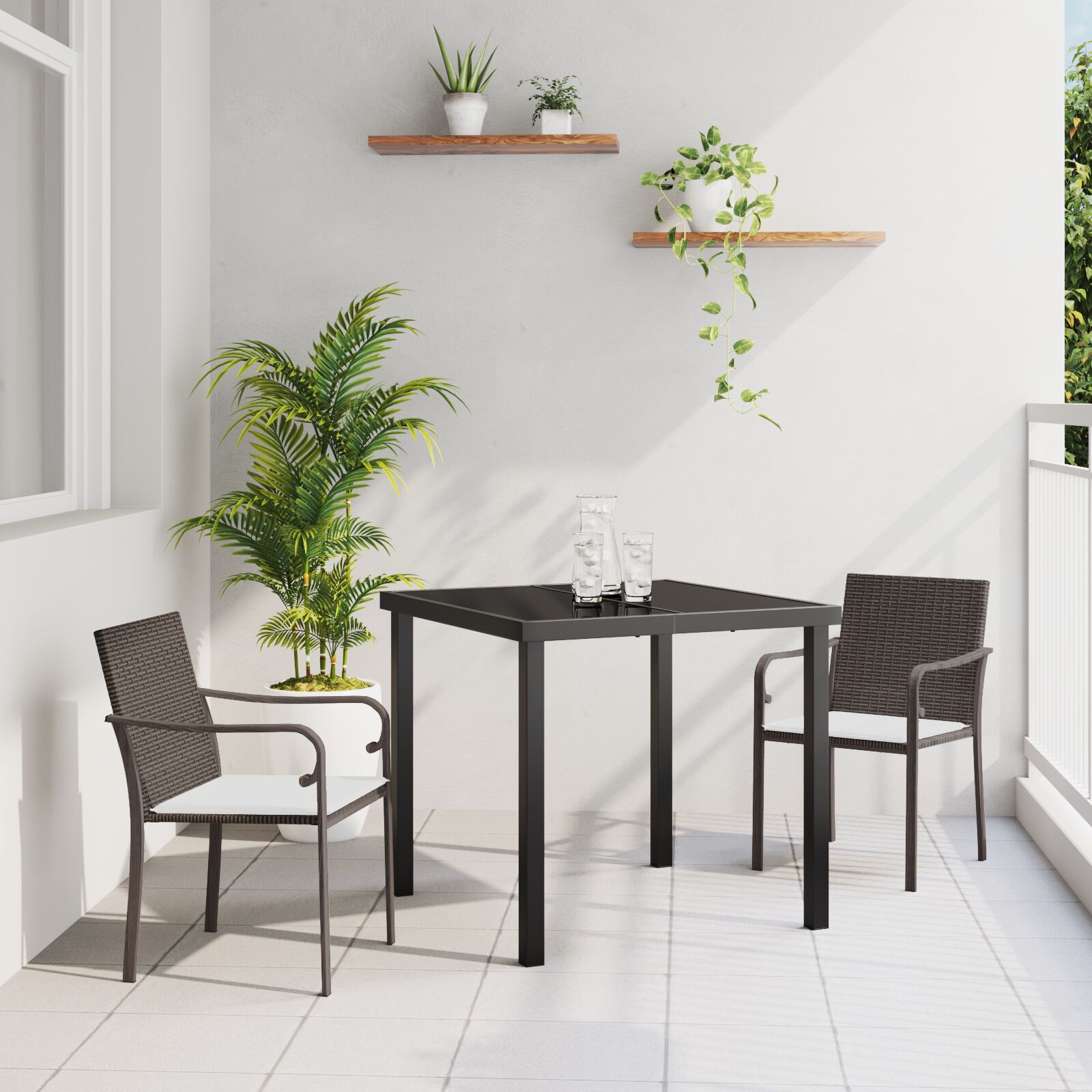 3-teiliges Essset für draußen mit Kissen - Brauner Rattan 3-teiliges Essset für draußen mit Kissen - Brauner Rattan