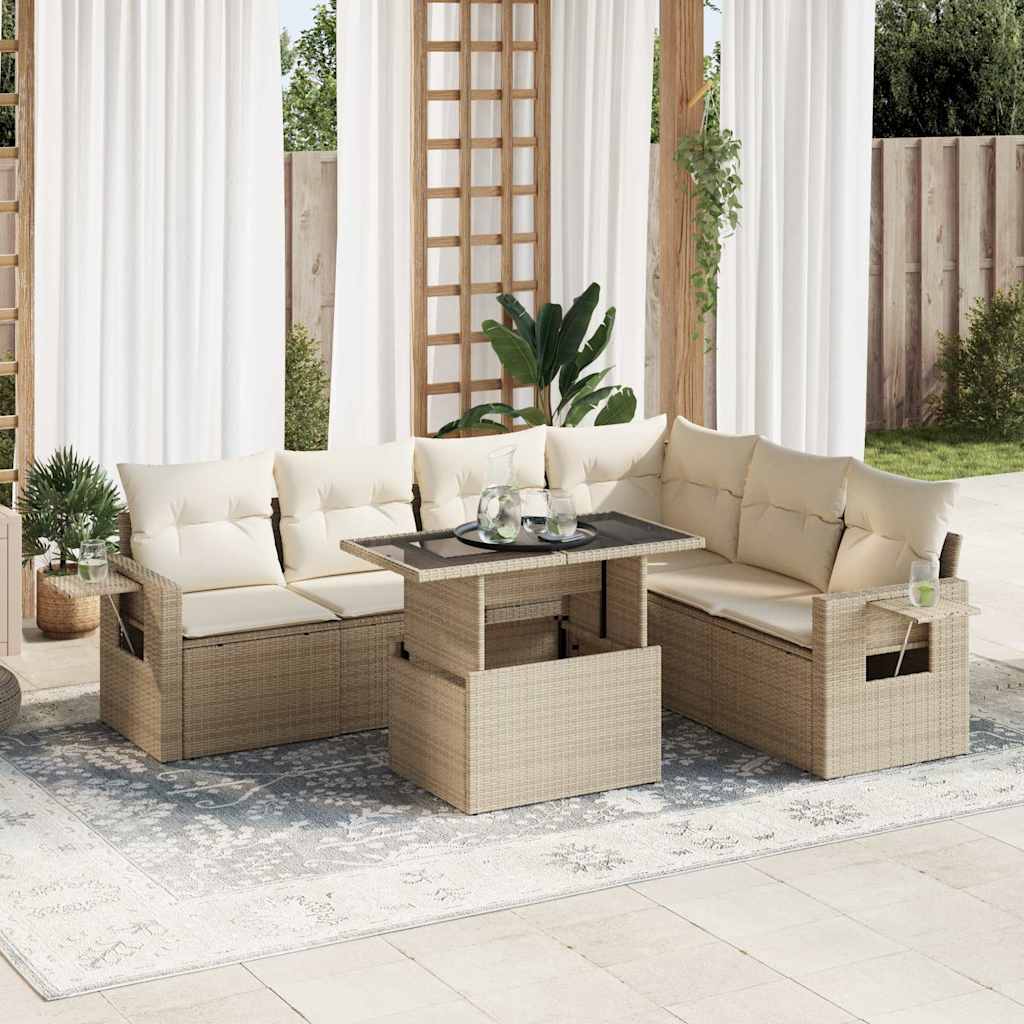 7-tlg. Garten-Sofagarnitur mit Kissen Beige Poly Rattan