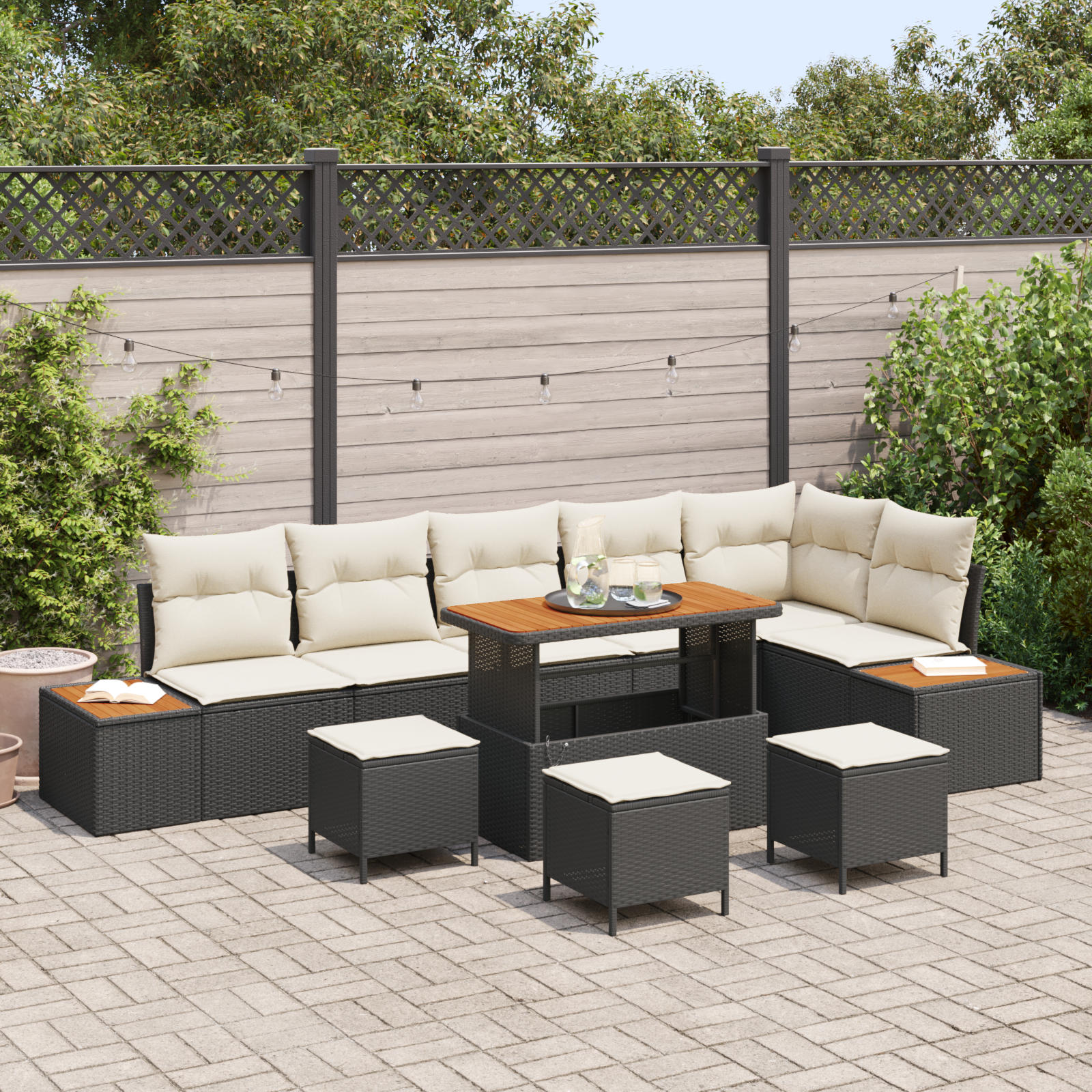 10-teiliges Garten-Sofa-Set mit Kissen Schwarz Poly-Rattan Akazie