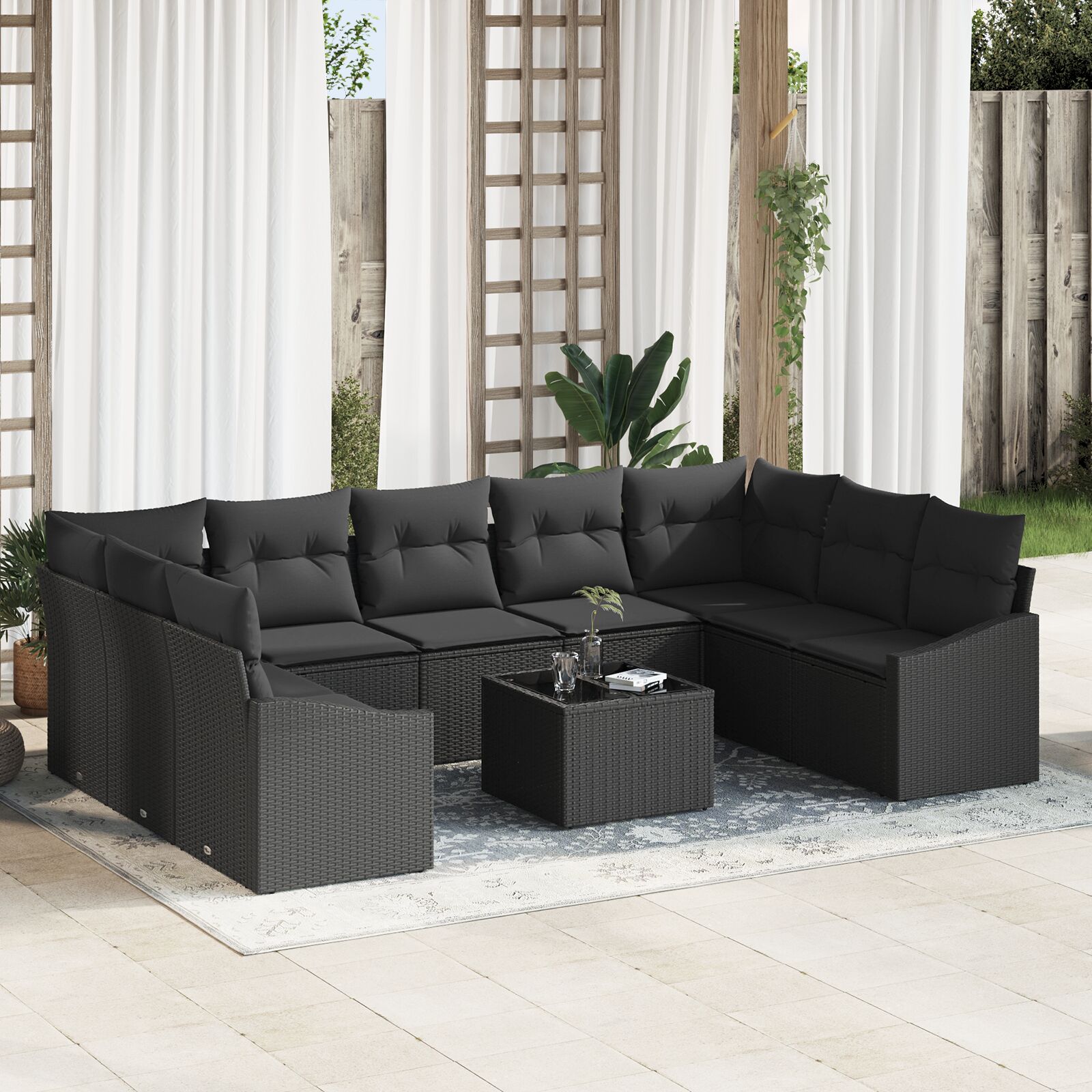 10-teiliges Garten Sofa Set mit Kissen Beige Poly Rattan