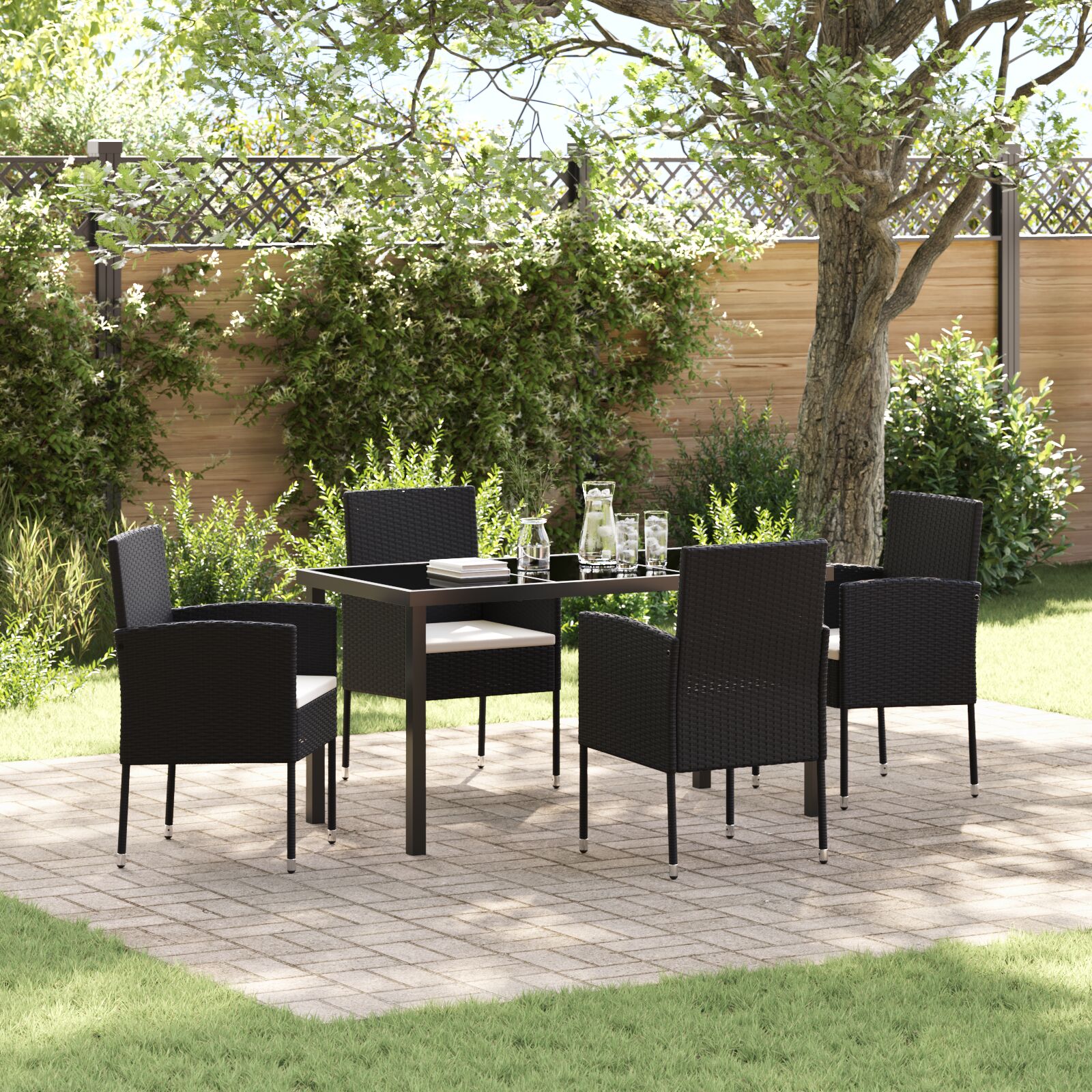 4-teiliges Garten-Ess-Set mit Kissen Schwarz Poly Rattan