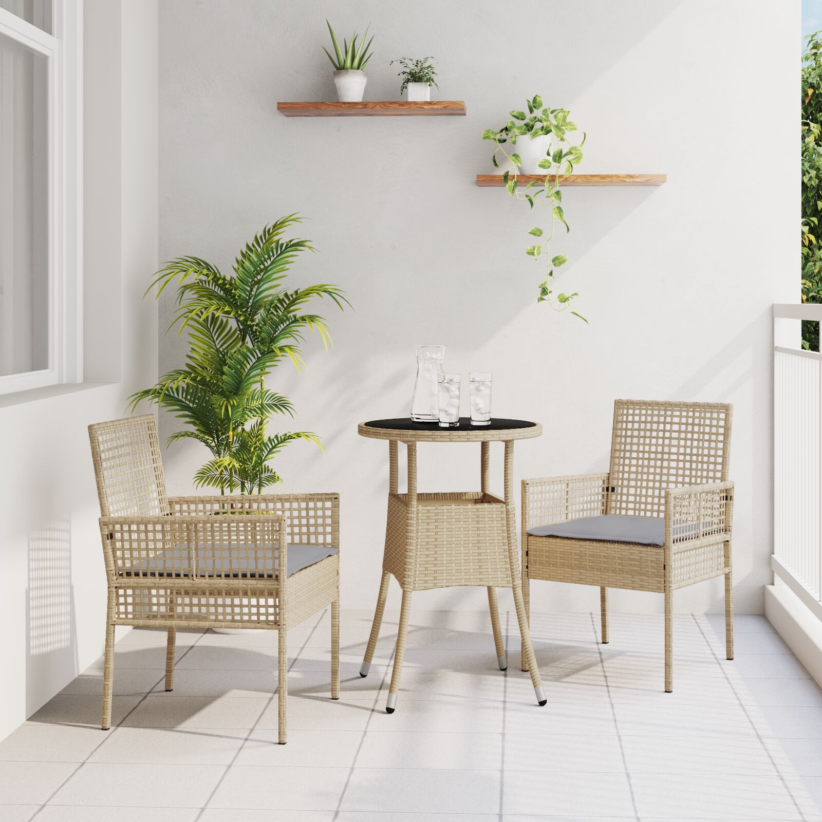 vidaXL Essmöbel Set Set aus 3 Beige Rattan, Glas Langlebig vidaXL Essmöbel Set Set aus 3 Beige Rattan, Glas Langlebig