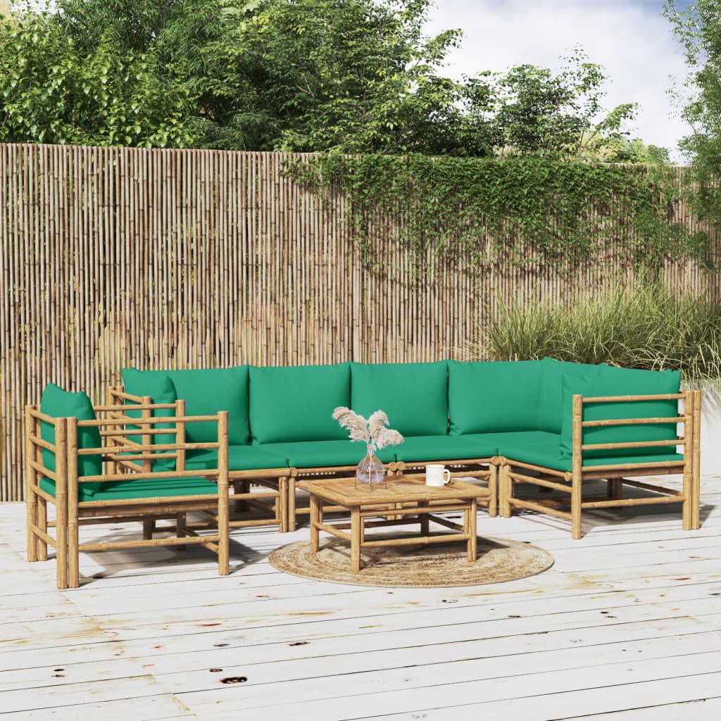 7-tlg. Garten-Lounge-Set mit Grünen Kissen Bambus 7-tlg. Garten-Lounge-Set mit Grünen Kissen Bambus