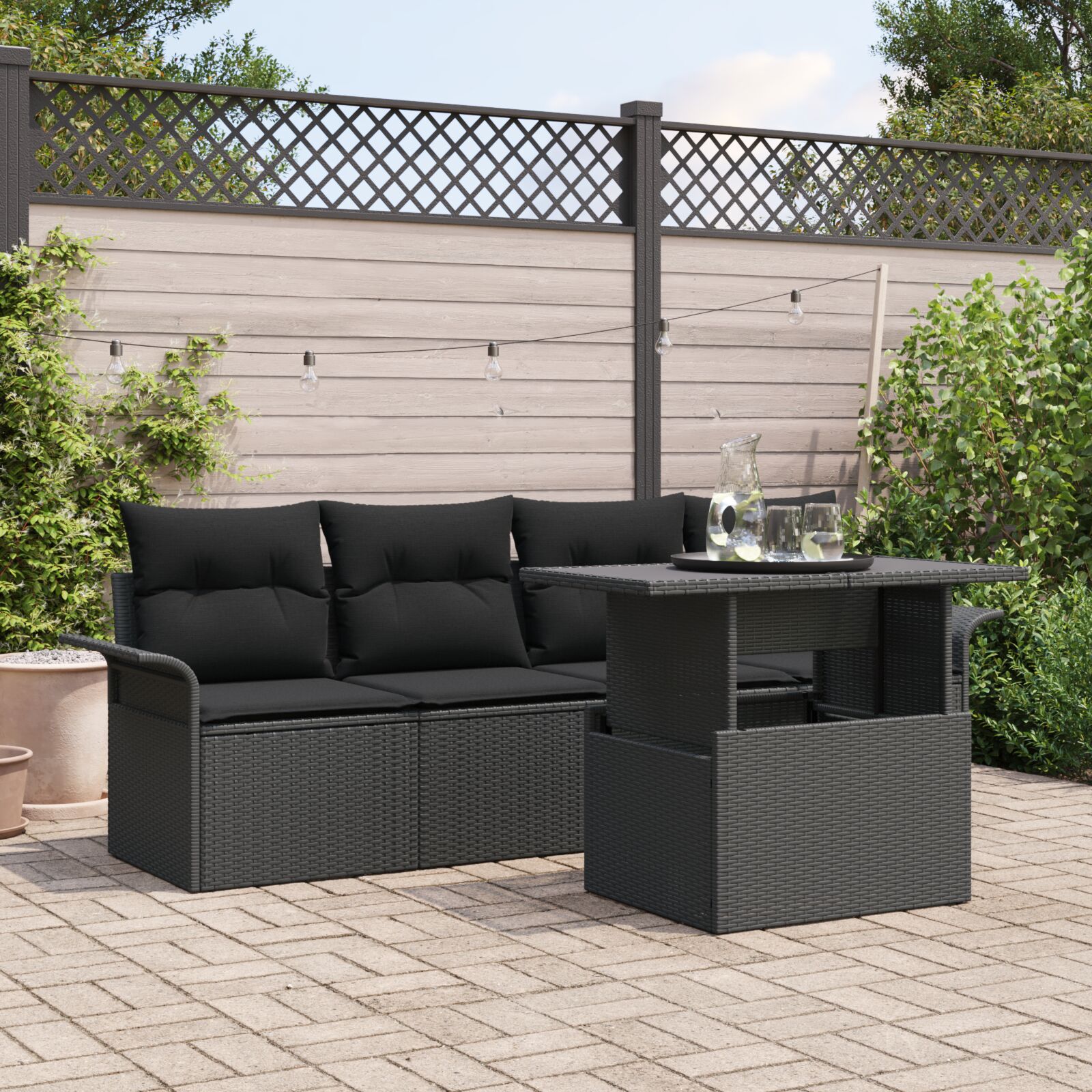 5-teiliges Garten-Sofa-Set mit Kissen Schwarz Poly-Rattan