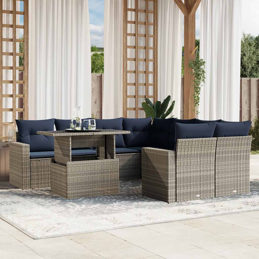 9-teiliges Gartensofa-Set mit Kissen, grau, Polyrattan 9-teiliges Gartensofa-Set mit Kissen, grau, Polyrattan