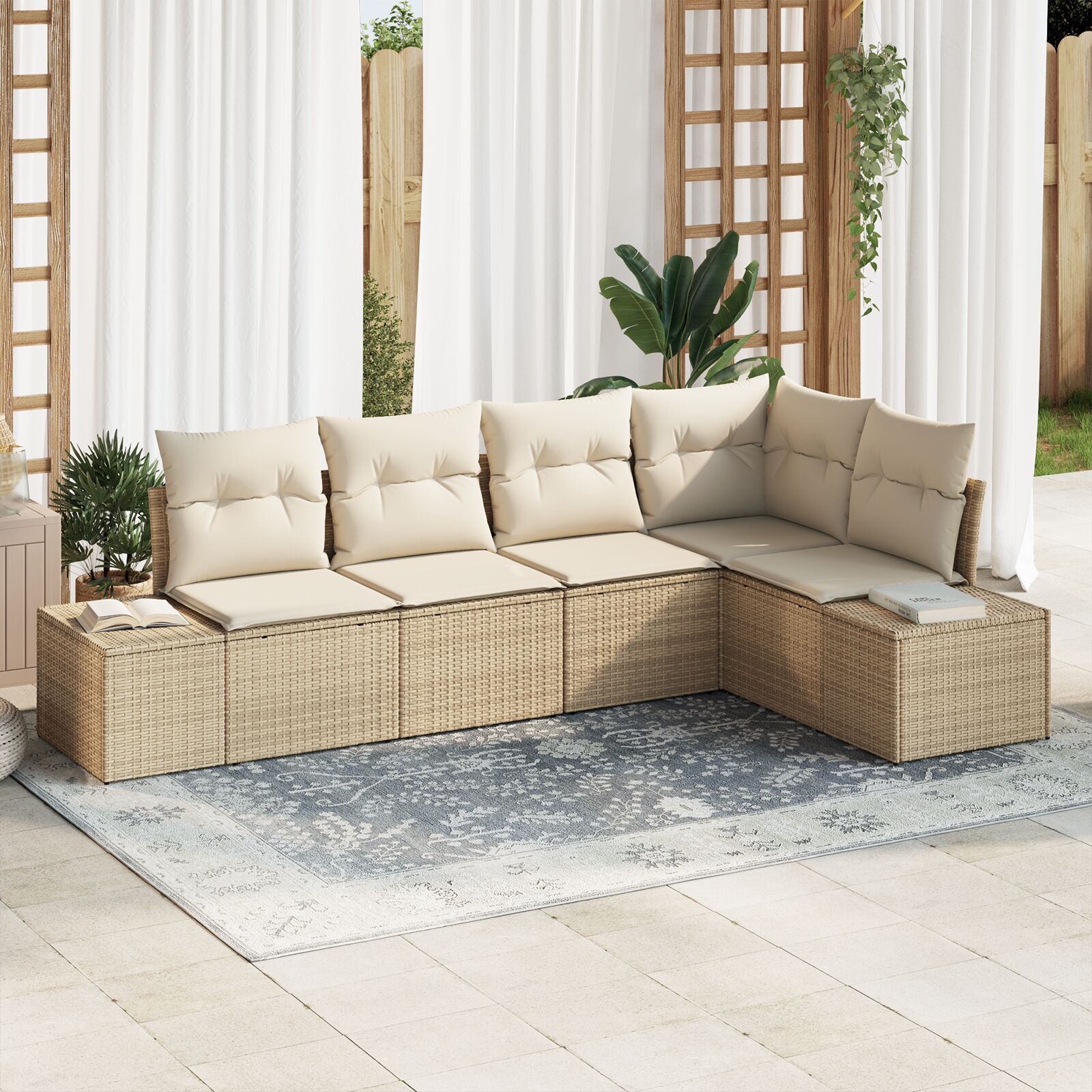 5-teiliges Garten-Sofa-Set mit Kissen Beige Poly Rattan 5-teiliges Garten-Sofa-Set mit Kissen Beige Poly Rattan