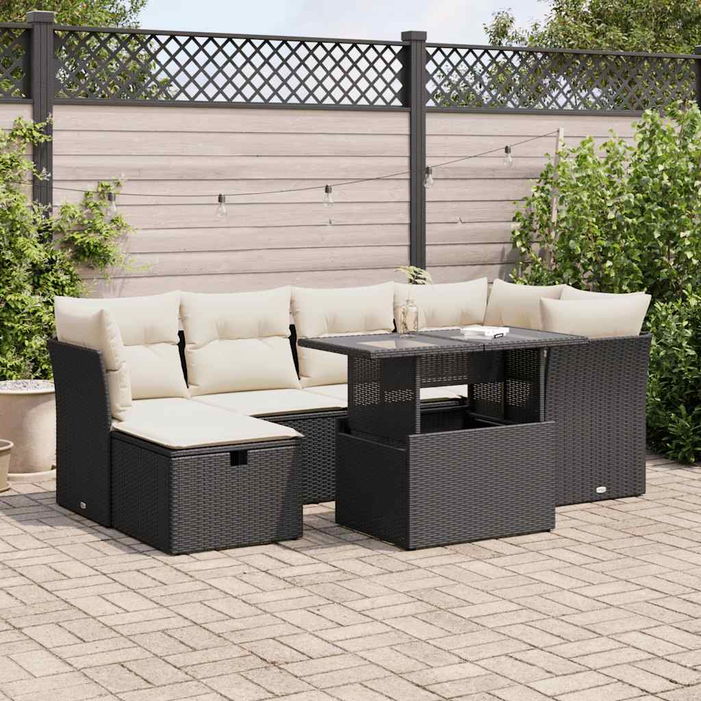 7-tlg. Garten-Sofagarnitur mit Kissen Schwarz Poly Rattan 7-tlg. Garten-Sofagarnitur mit Kissen Schwarz Poly Rattan